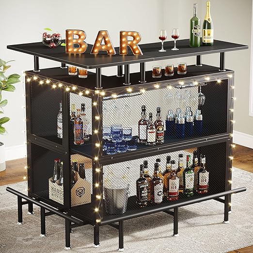 L-Shaped Bar Table with Stemware Racks and Storage Shelves