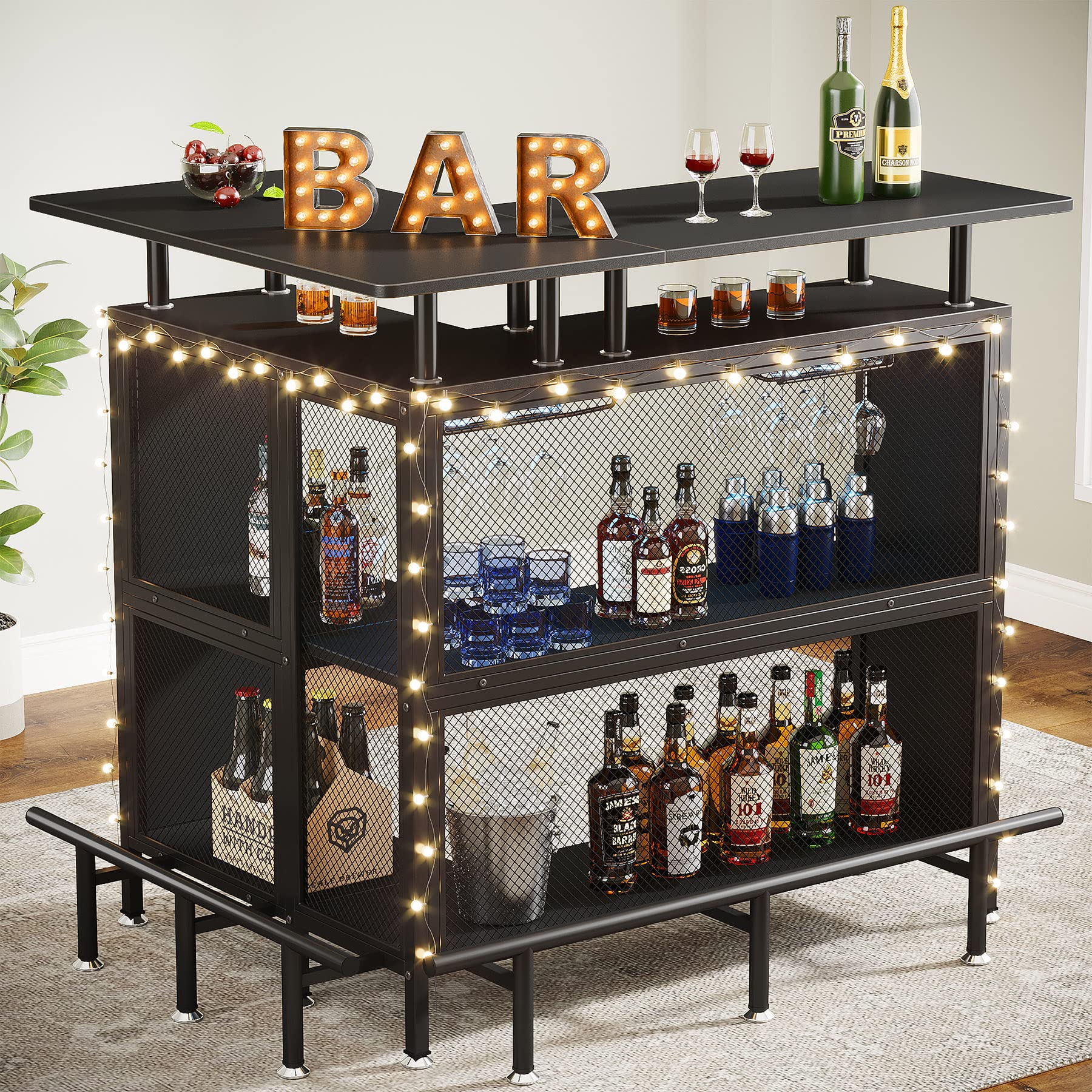 L-Shaped Bar Table with Stemware Racks and Storage Shelves
