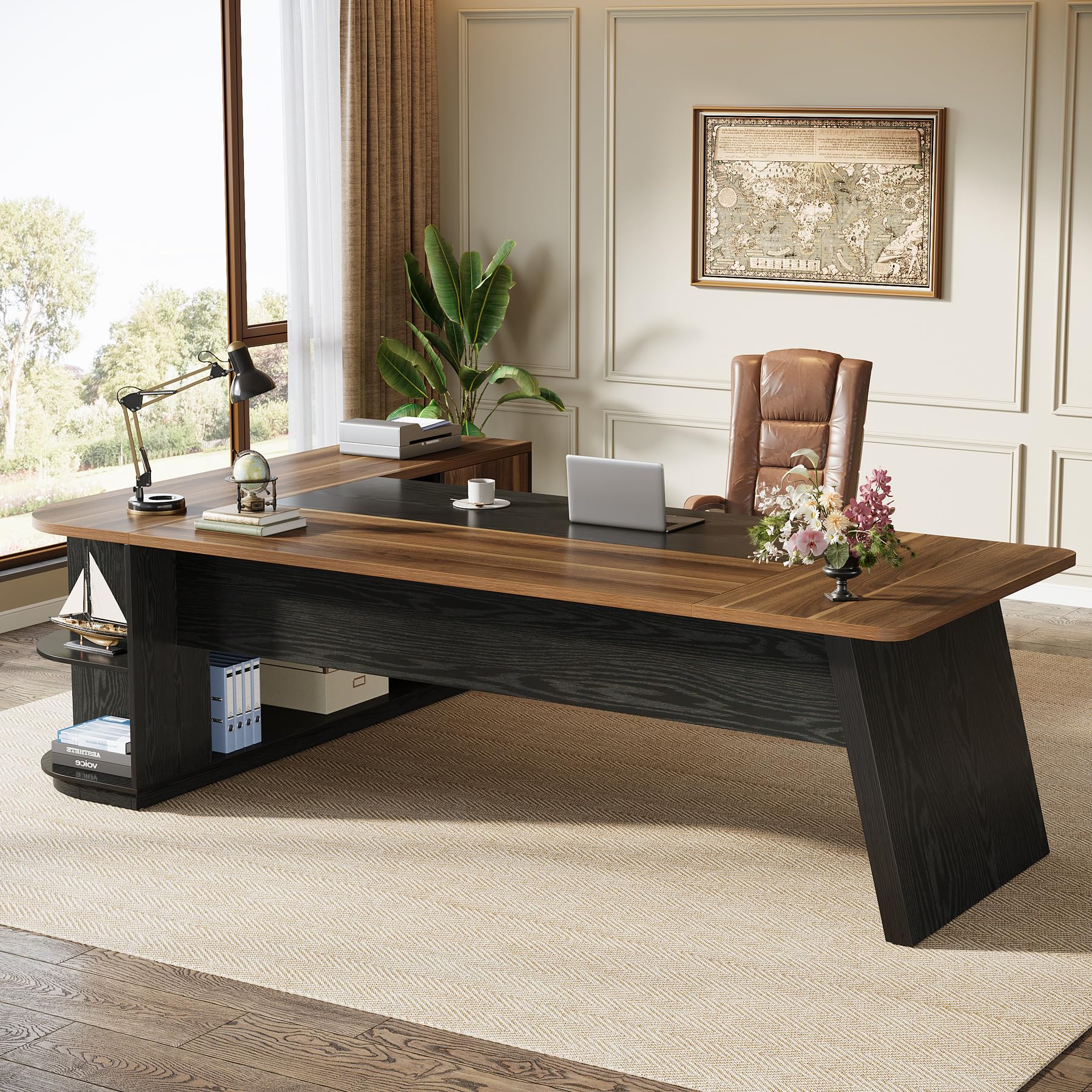 79-Inch L-Shaped Executive Desk with Storage Cabinet