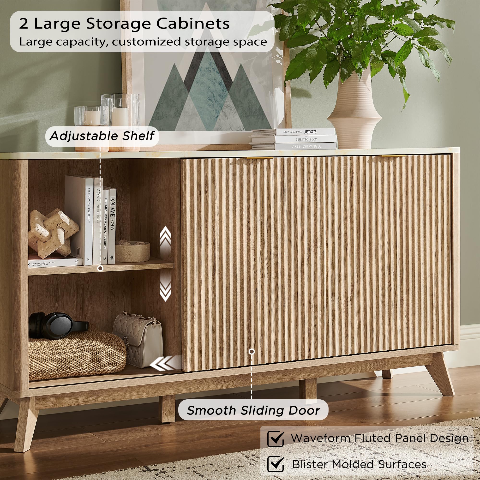 60" Fluted Dresser with Sliding Doors and 4 Drawers