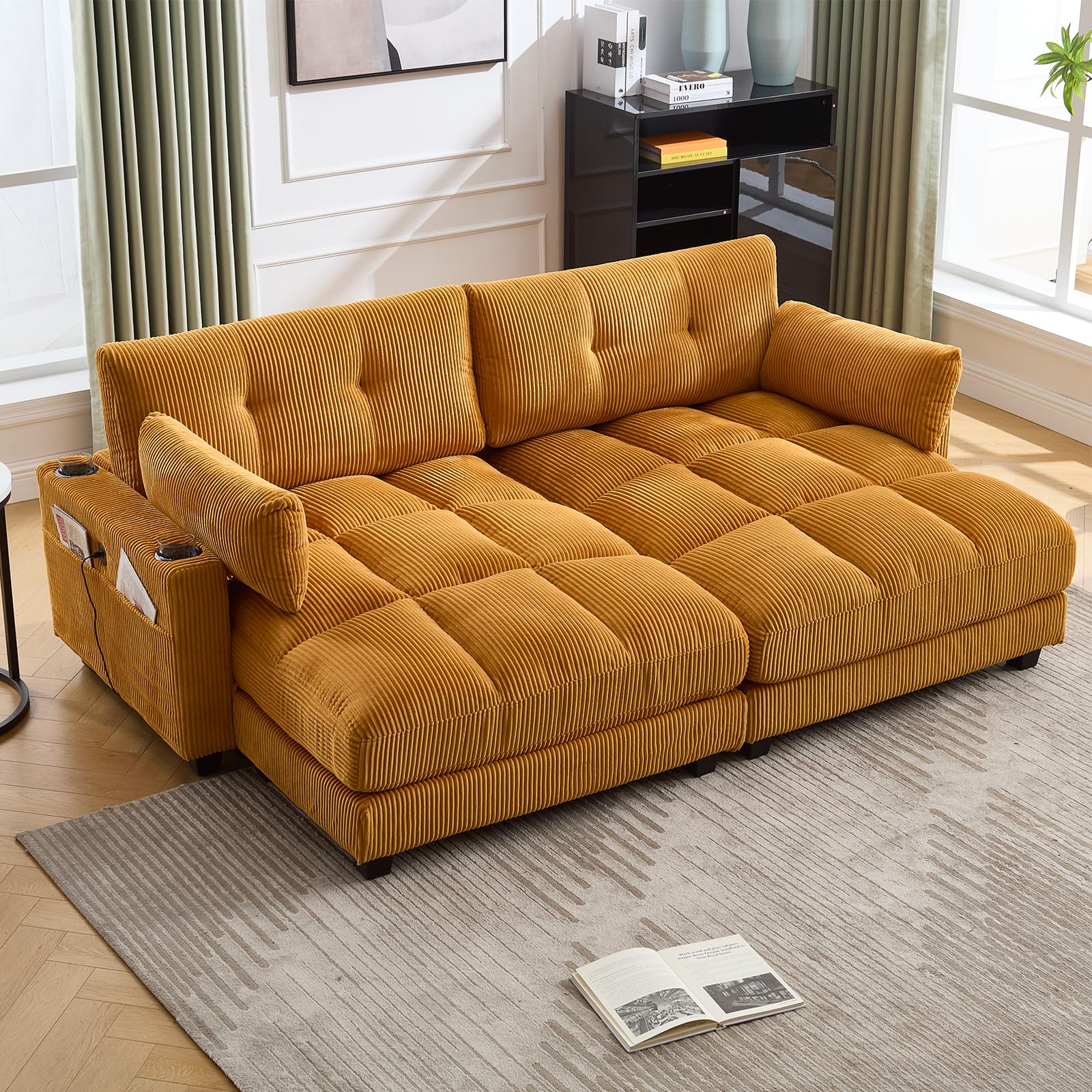 Oversized Double Chaise Lounge Cloud Couch with USB & Cup Holders