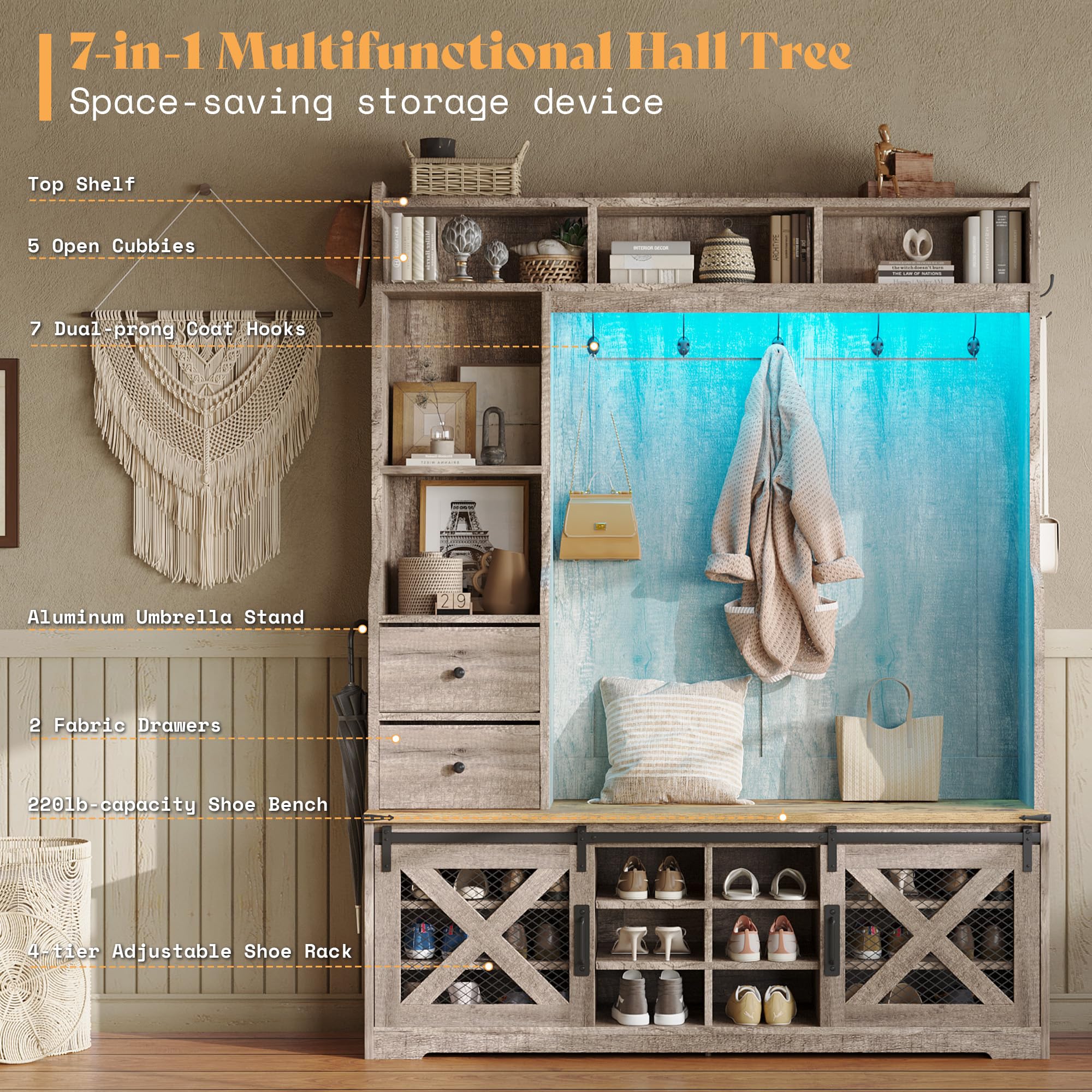 Farmhouse Hall Tree with Bench and Shoe Cabinet