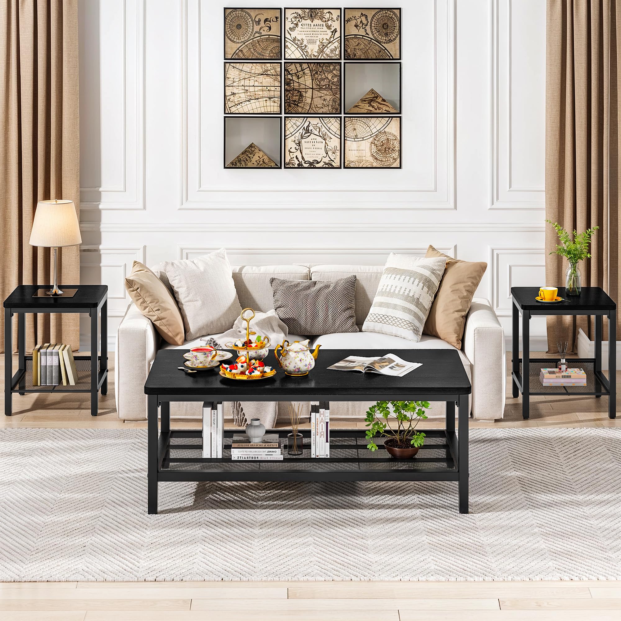3-Piece Industrial Coffee Table Set with End Tables
