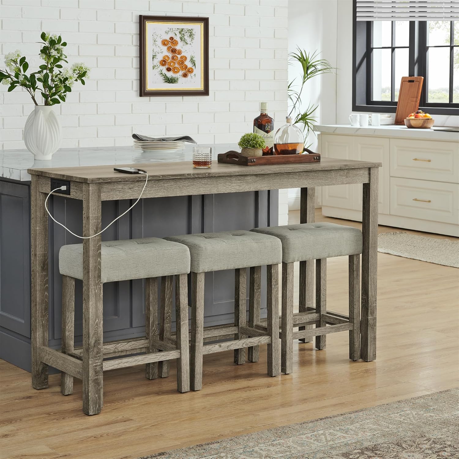 Industrial Counter Height Bar Table Set with Power Outlet