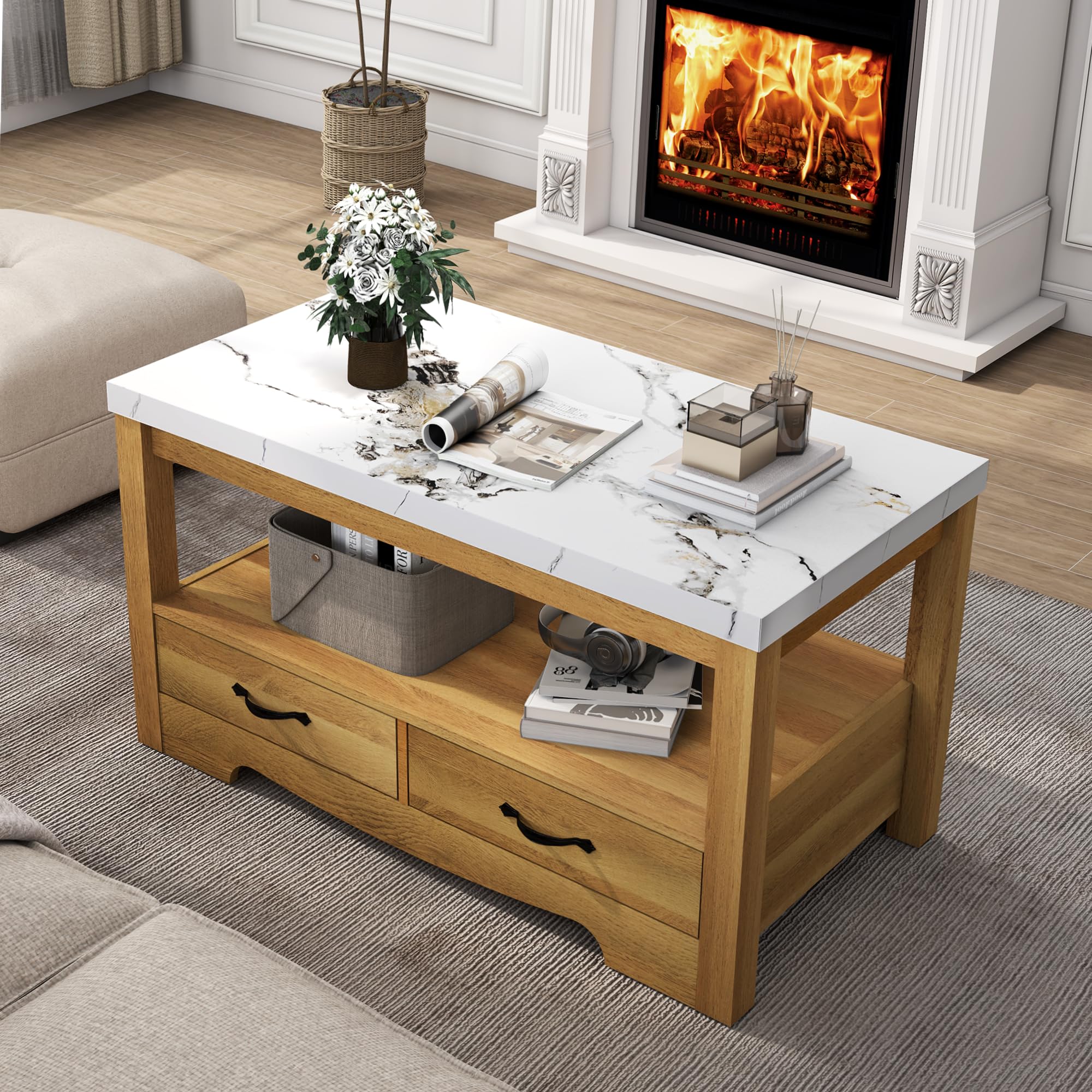40" Faux Marble Coffee Table with Storage Drawers