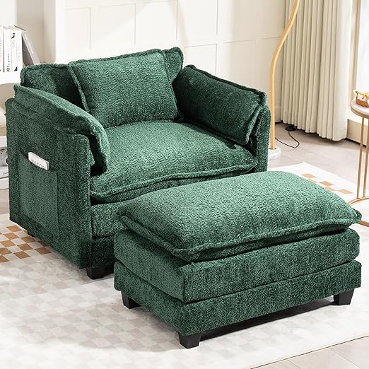 Boucle Oversized Reading Chair with Ottoman