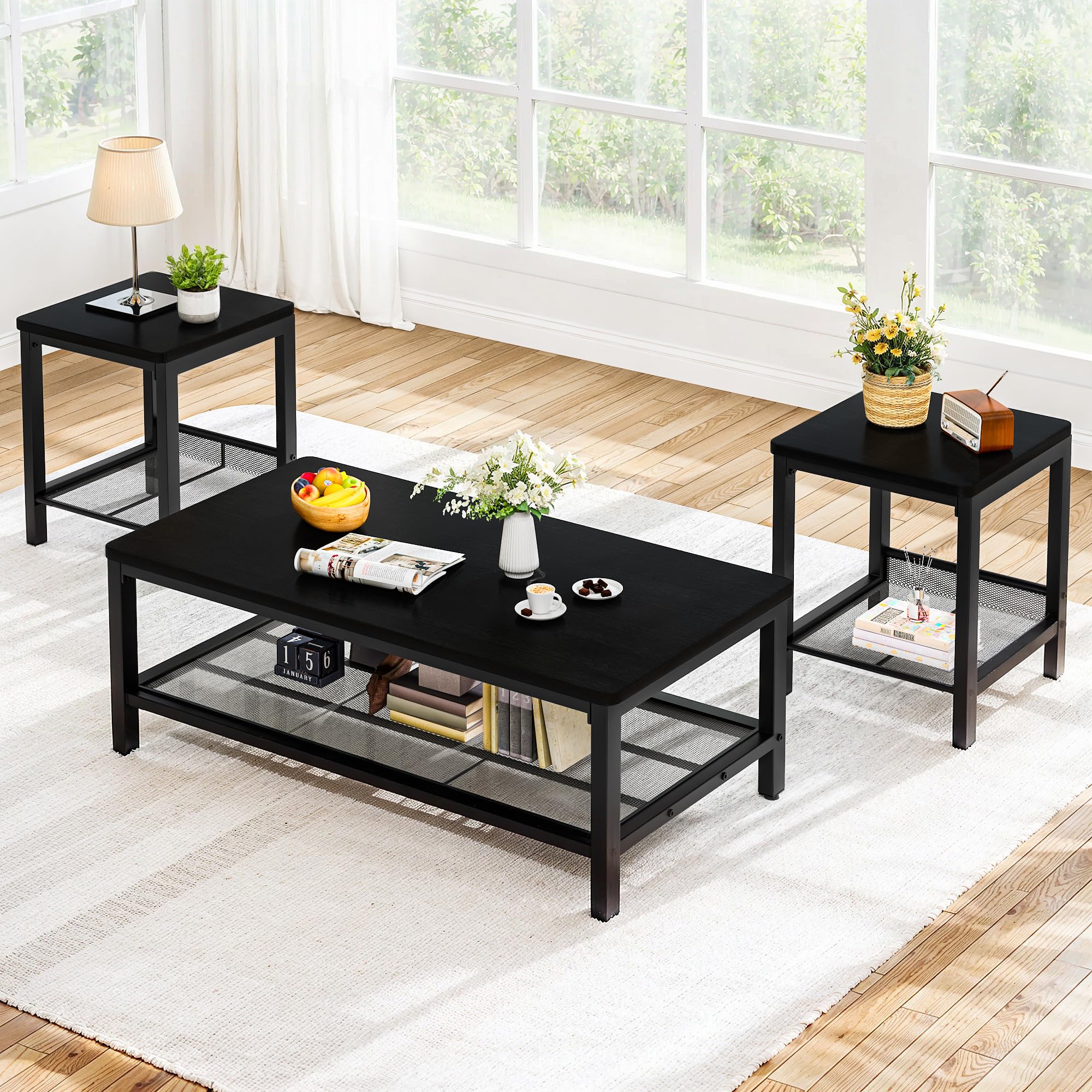3-Piece Industrial Coffee Table Set with End Tables