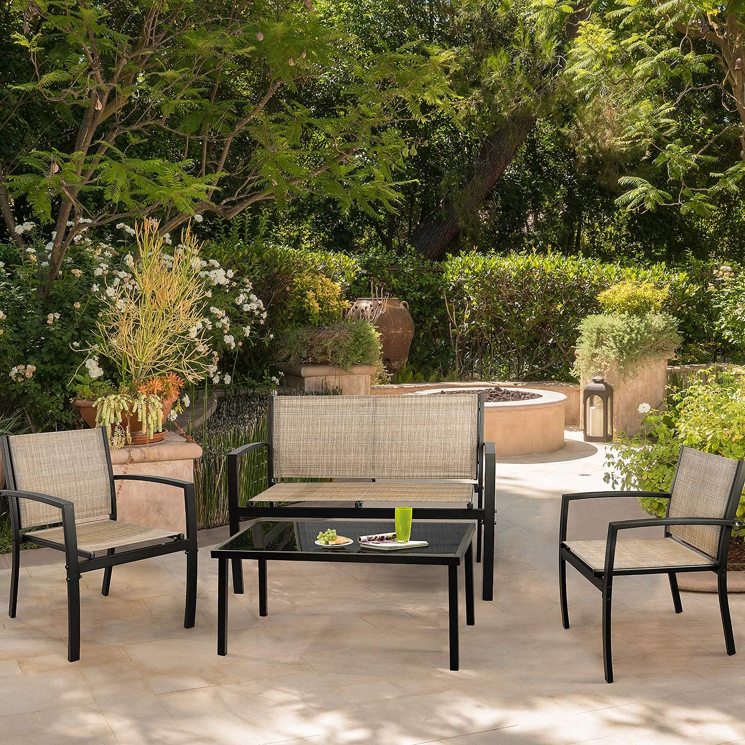4-Piece Patio Furniture Set with Glass Coffee Table