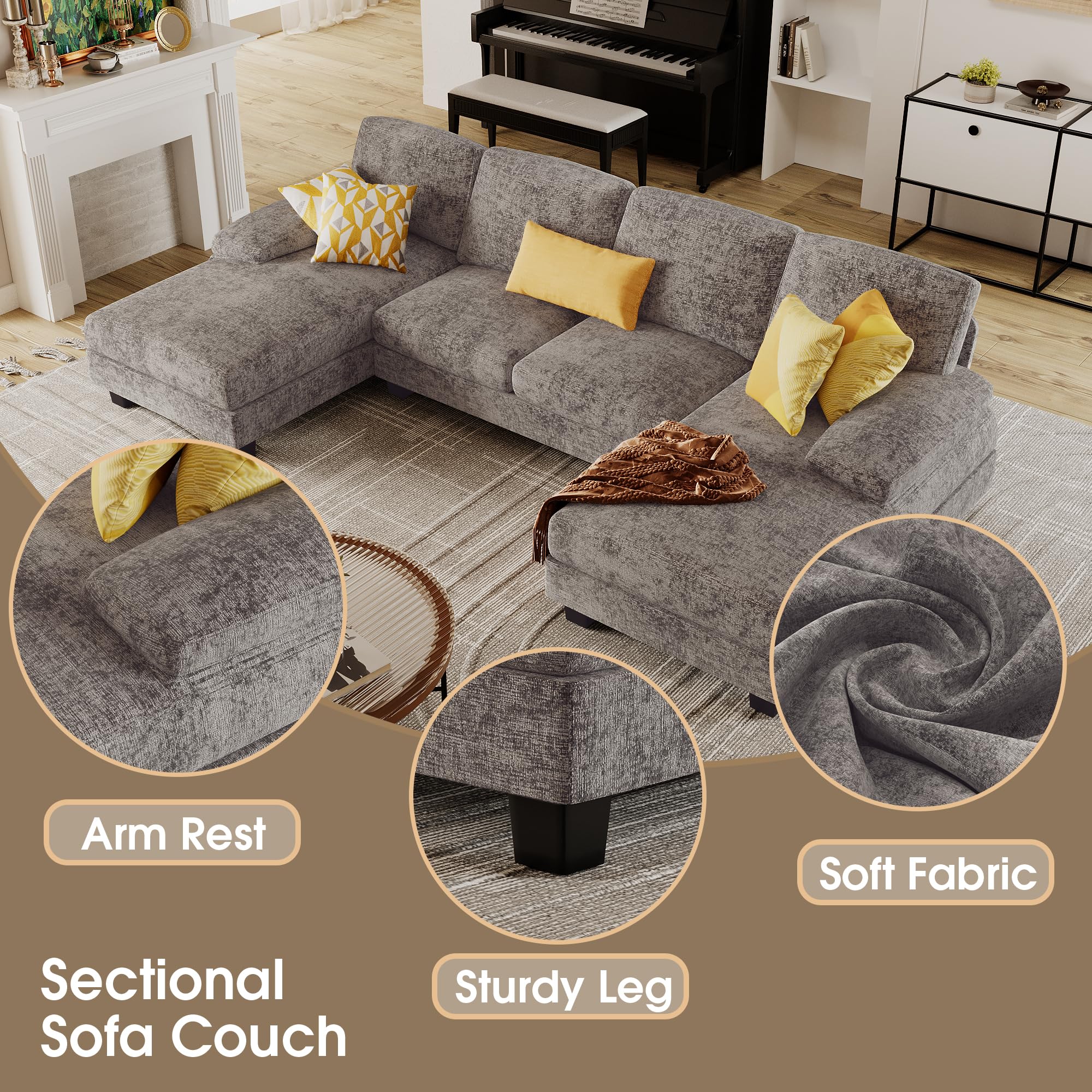 U-Shaped Sectional Sofa with Linen Fabric and Double Chaise