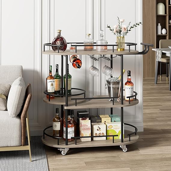 3-Tier Bar Cart with Wine Rack and Wheels