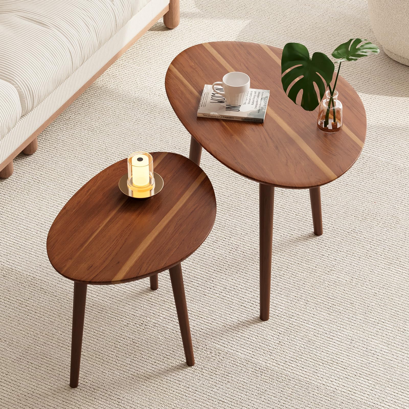 Small Oval Nesting Coffee Tables Set - Acacia Wood Tabletop