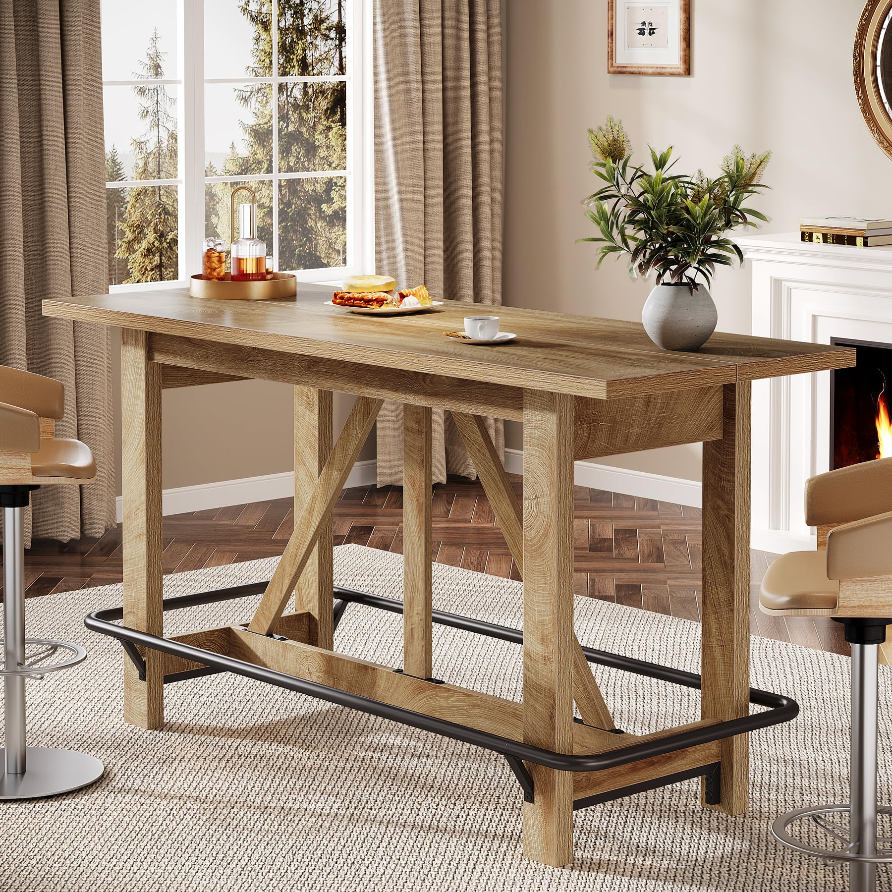 Tribesigns 63" Bar Table, Long Counter Height Pub Dining Table with Footrest, Home Bar Furniture for Bar, Kitchen & Dining Room, Living Room, Brown