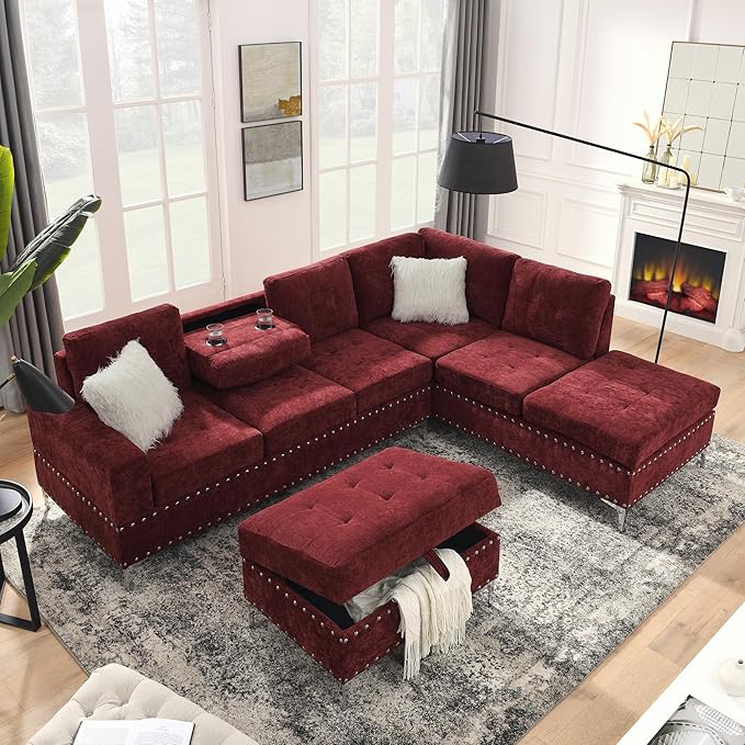 L-Shape Sectional Sofa with Reversible Chaise and Storage Ottoman