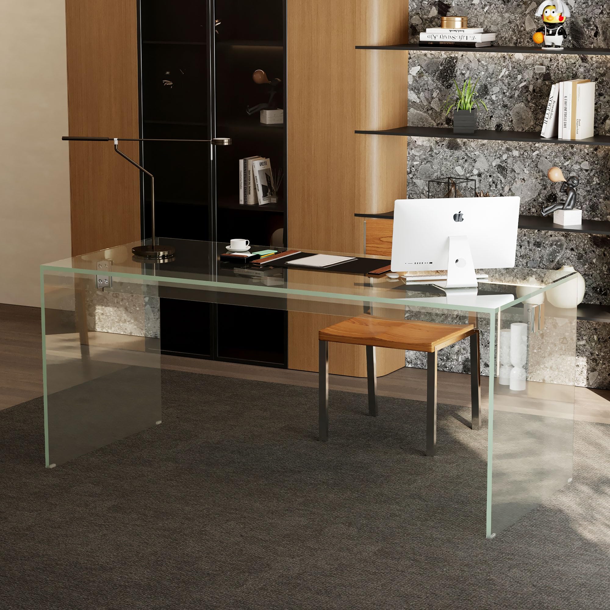 53.14" Modern Tempered Glass Executive Desk with Drawer