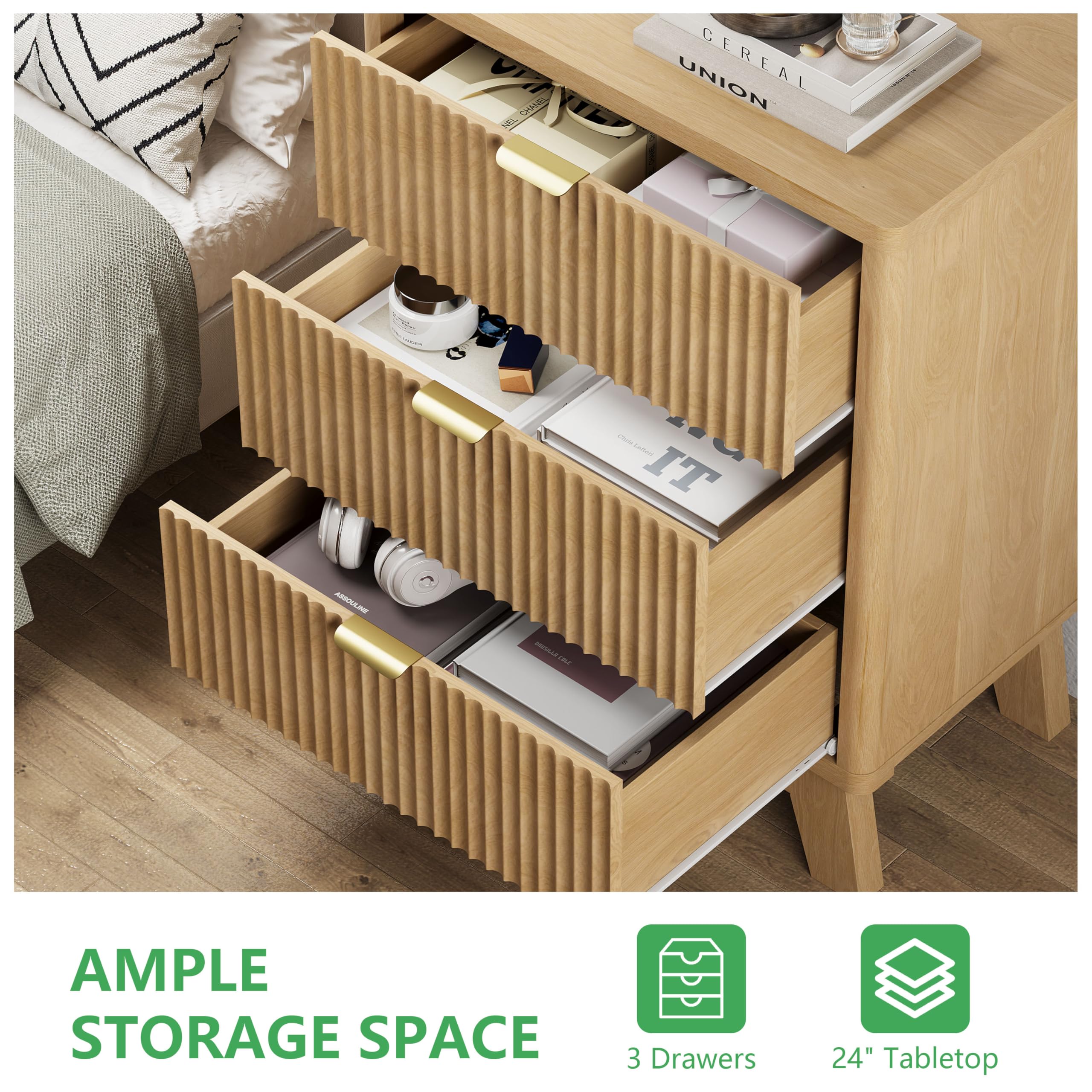 3-Drawer Fluted Nightstand with Metal Handle
