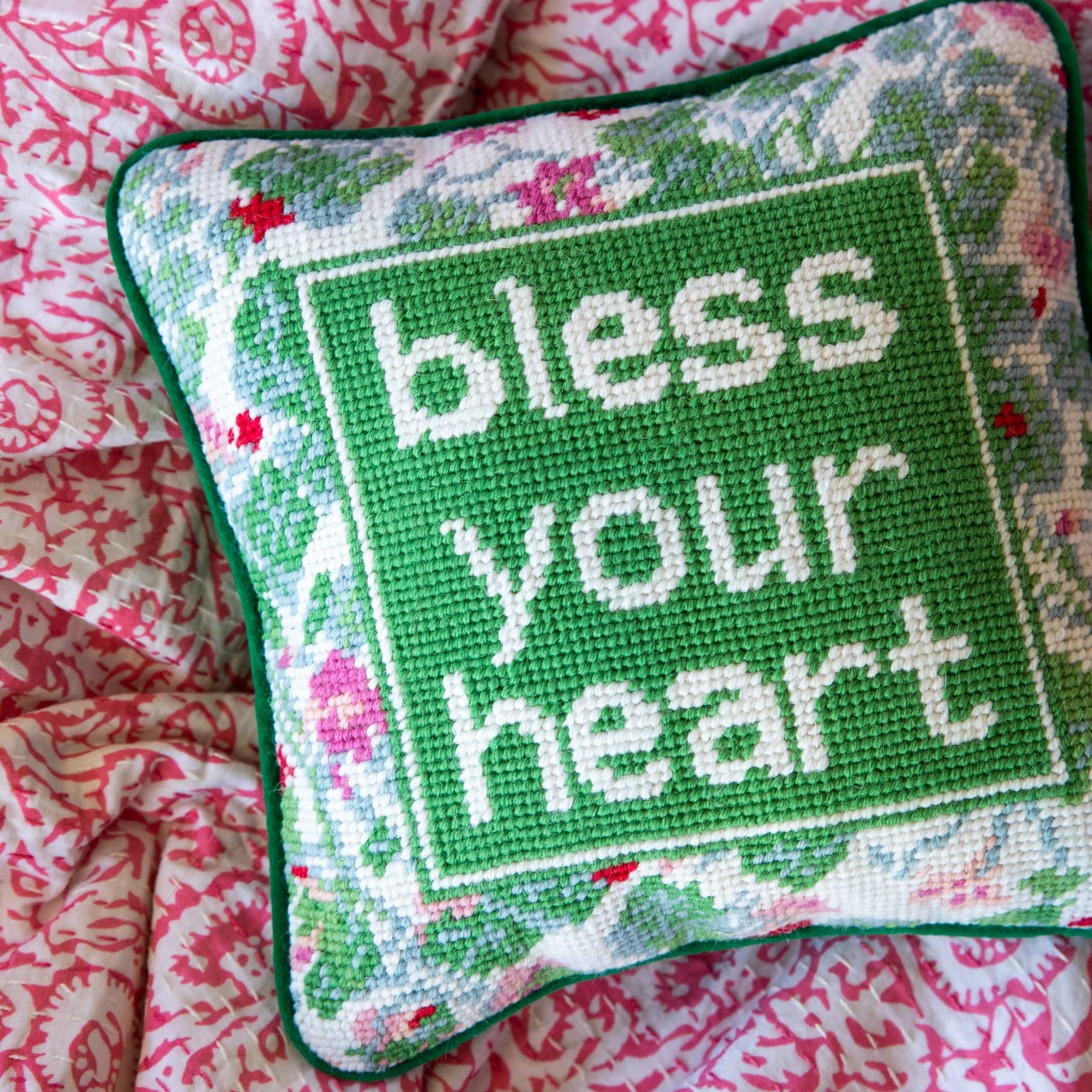 Needlepoint Throw Pillow - Bless Your Heart - 10x10 Decorative Accent