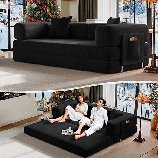 Convertible Futon Sofa Bed with Storage Pocket
