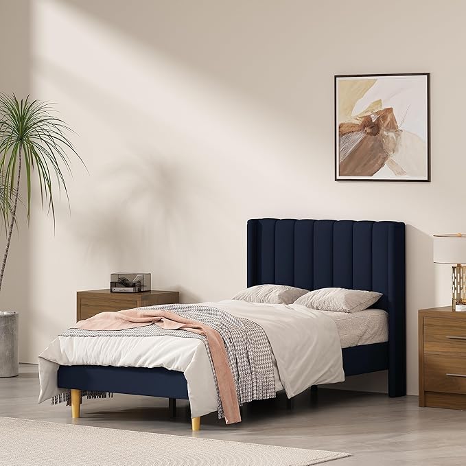 Pink Full Size Upholstered Platform Bed Frame with Wingback Headboard