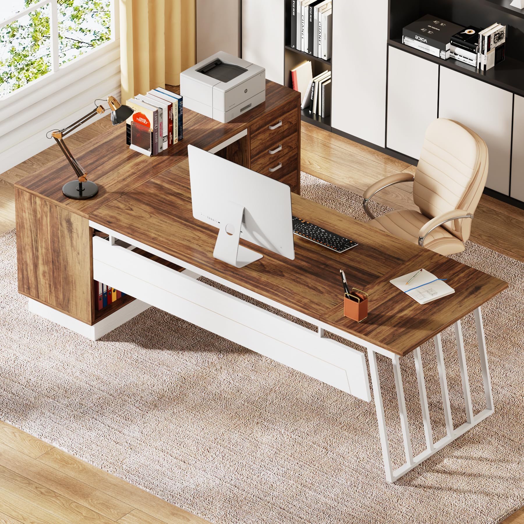 71-Inch L-Shaped Executive Desk with Cabinet and Storage