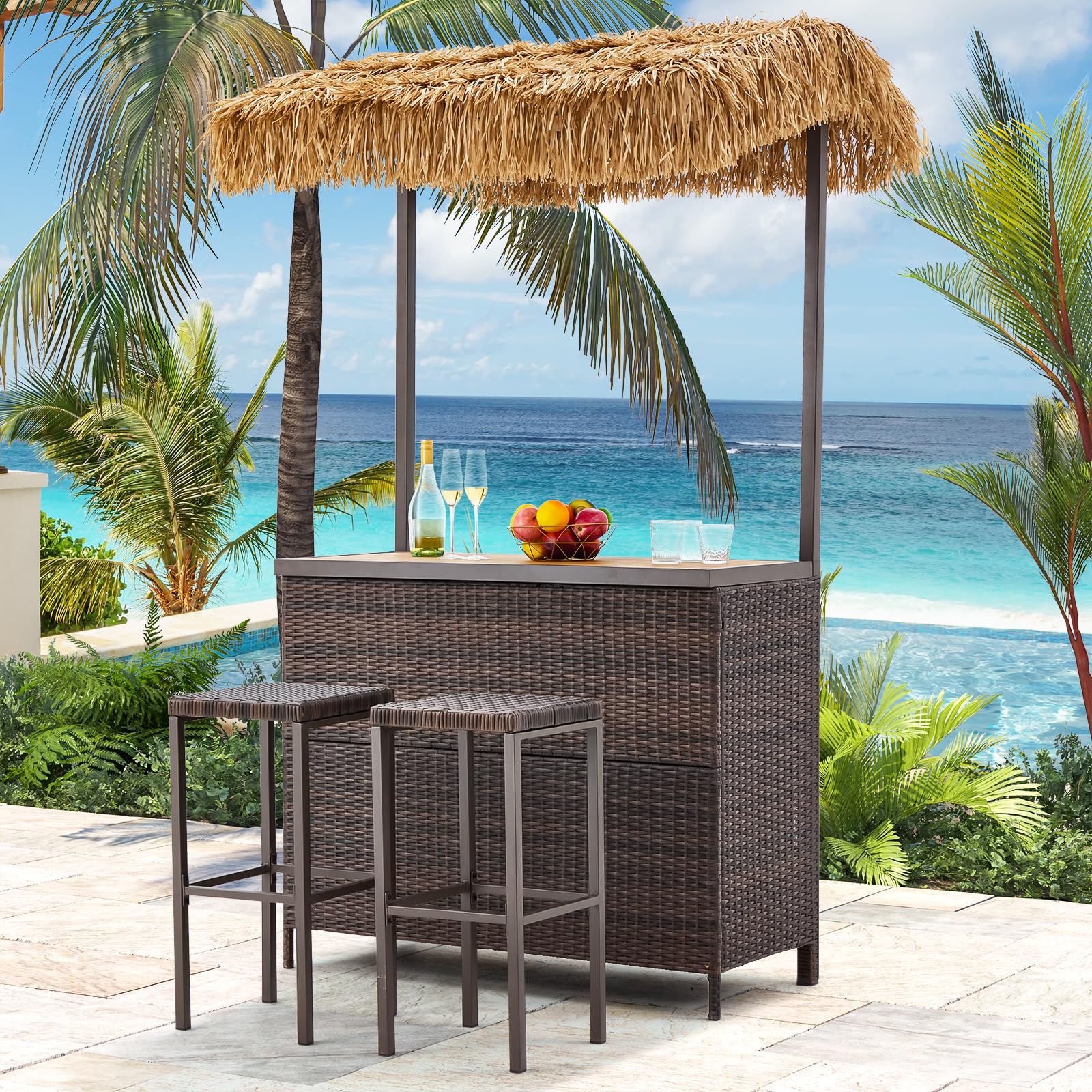 Outdoor Tiki Bar Set with 2 Stools