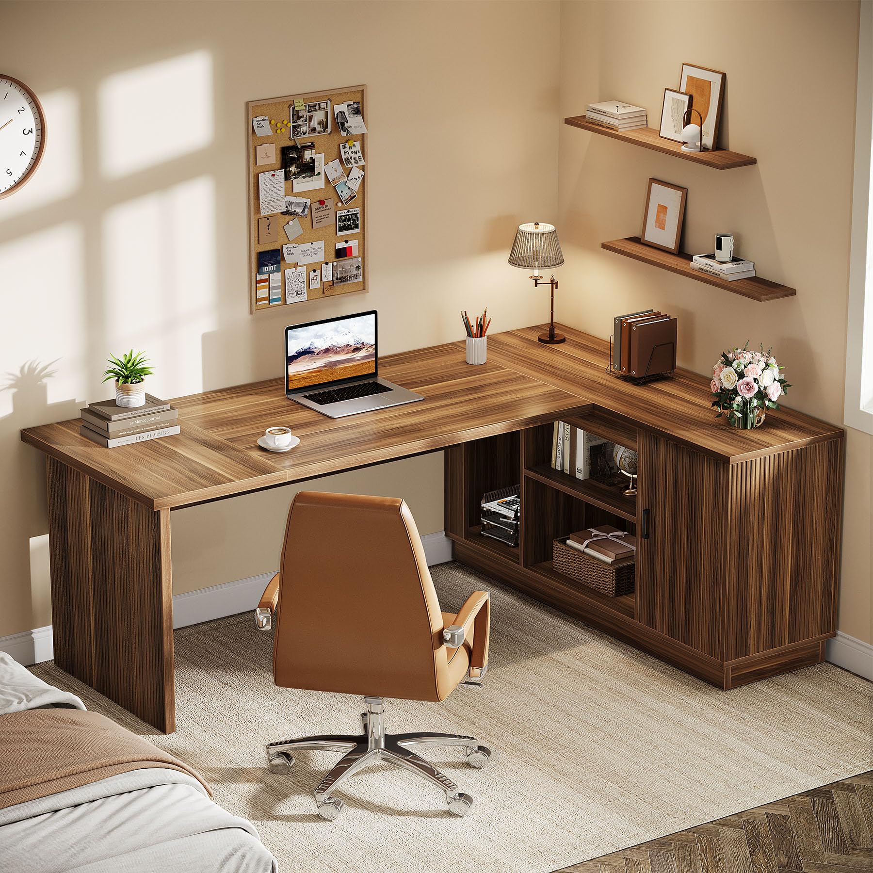 70.8-Inch Fluted Executive L-Shaped Desk with File Cabinet