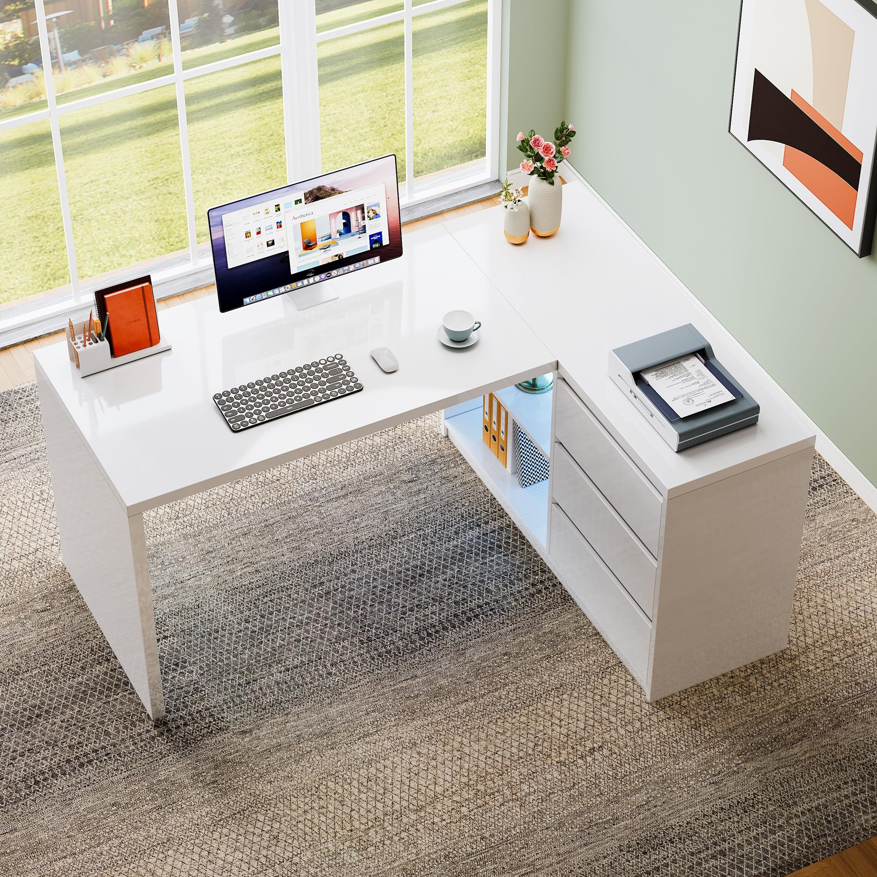 White L-Shaped Computer Desk with 3 Drawers and LED Lights