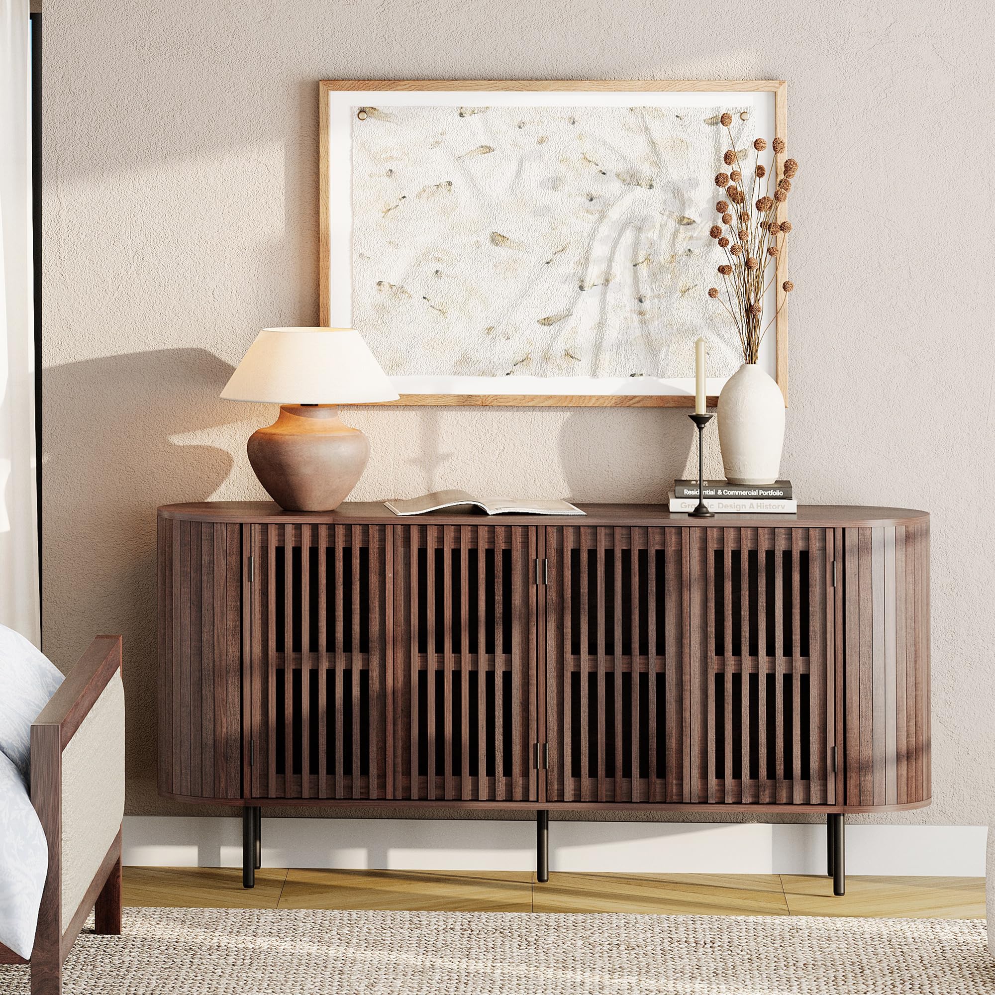 Fluted Sideboard Buffet Cabinet with 4 Doors