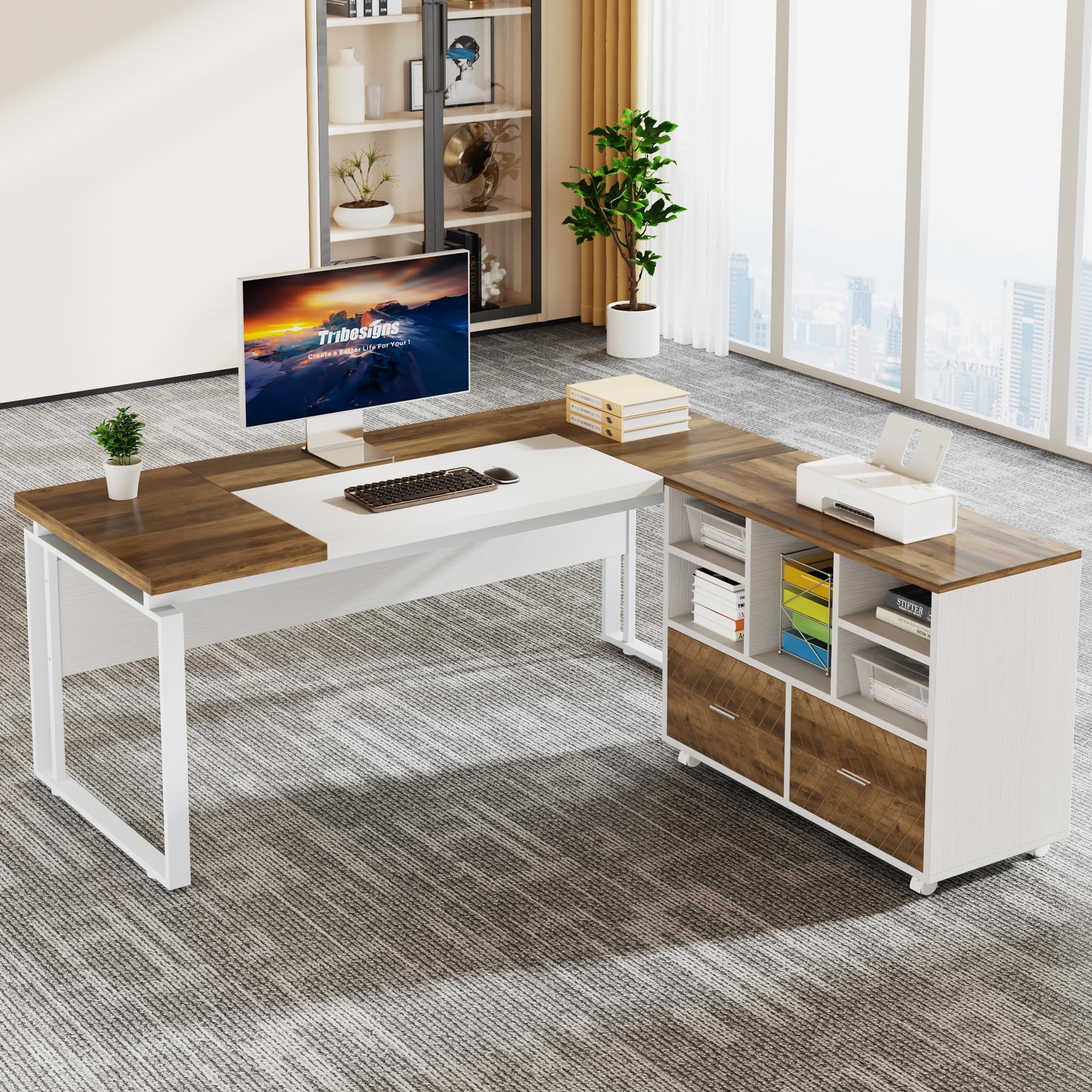 L-Shaped Executive Desk with Reversible File Cabinet 63 Inch