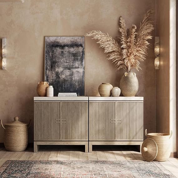 Travertine Sideboard Buffet Cabinet with Fluted Doors