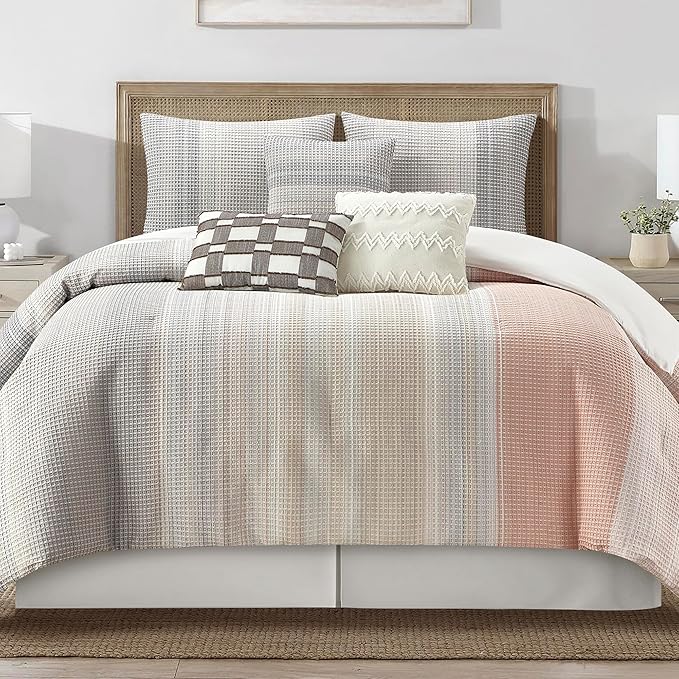7-Piece King Comforter Set Grey Waffle Jacquard