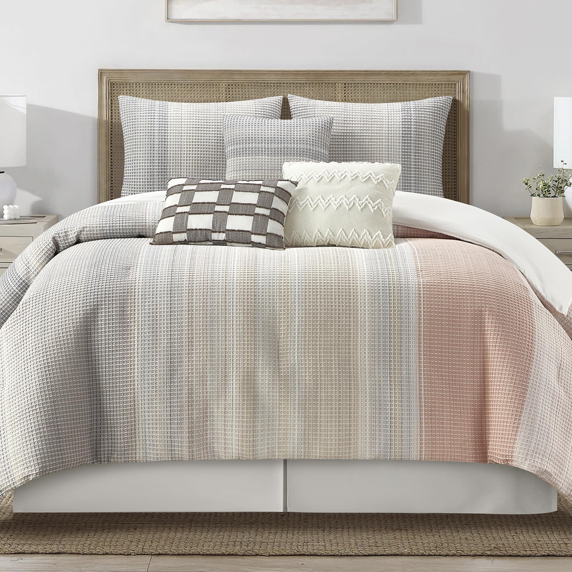 7-Piece King Comforter Set Grey Waffle Jacquard
