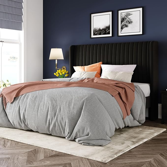 Queen Size Velvet Platform Bed Frame with Tufted Wingback Headboard