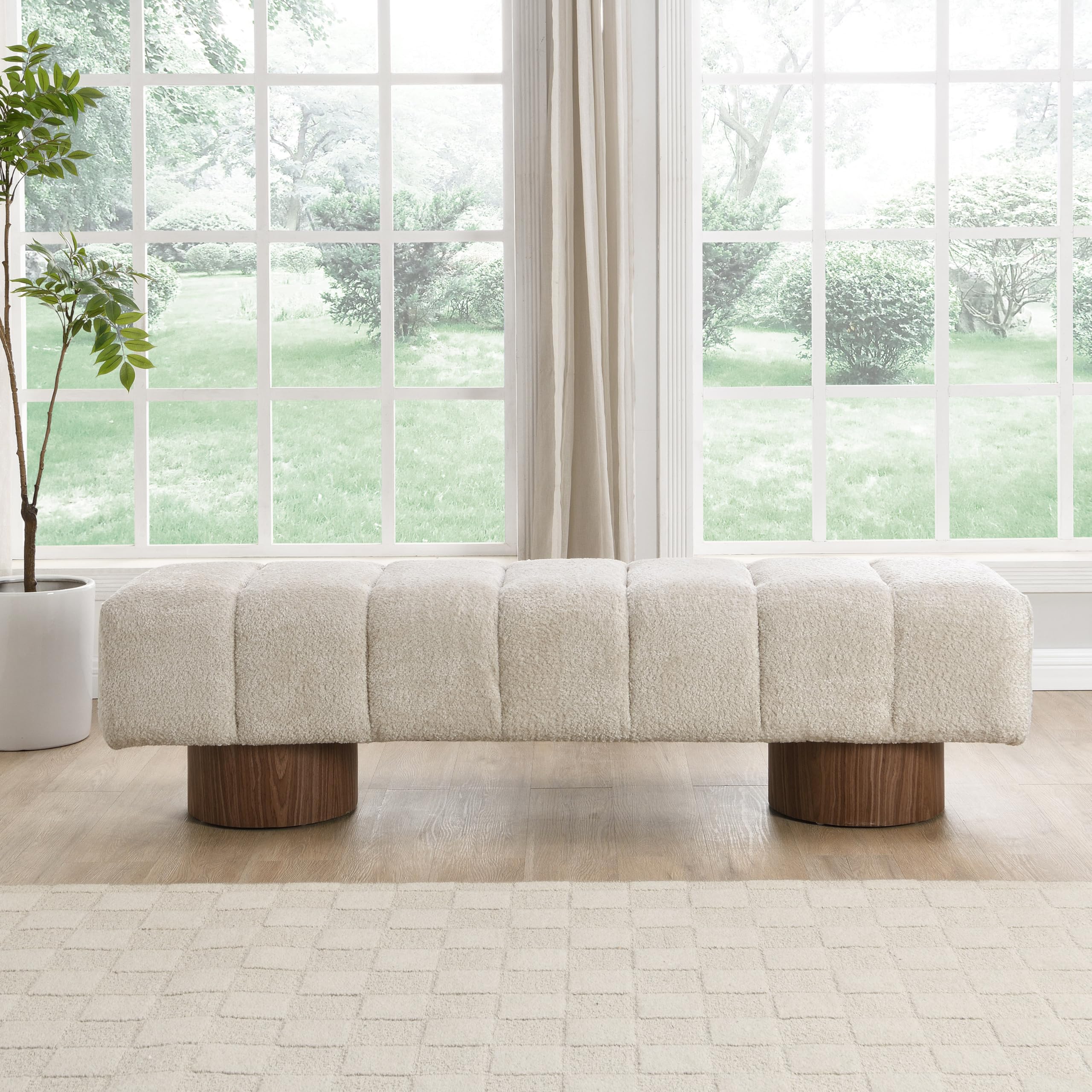 64" Boucle Dining Bench - Upholstered Ottoman Seat