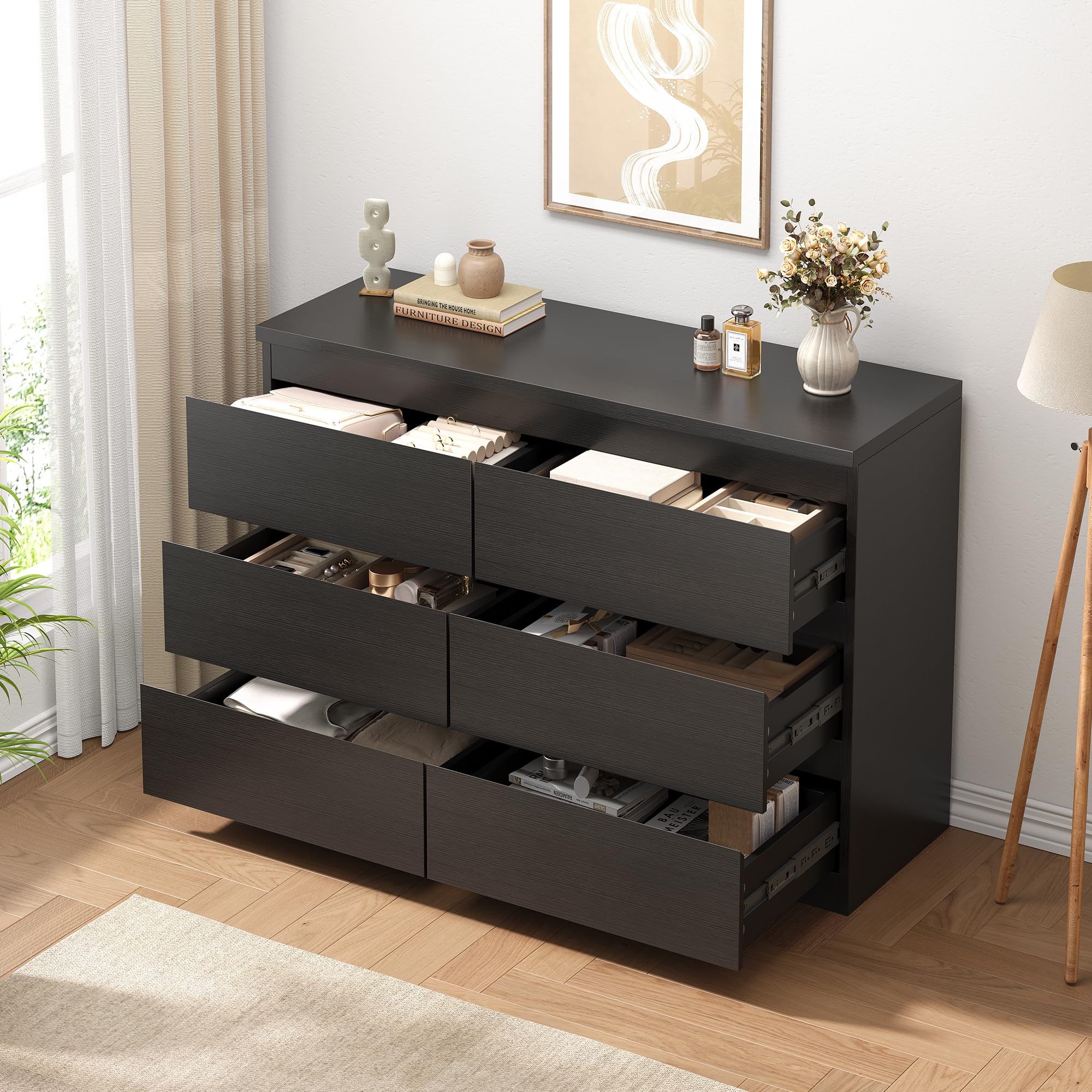 Modern Black 6 Drawer Dresser with Smooth Metal Rails