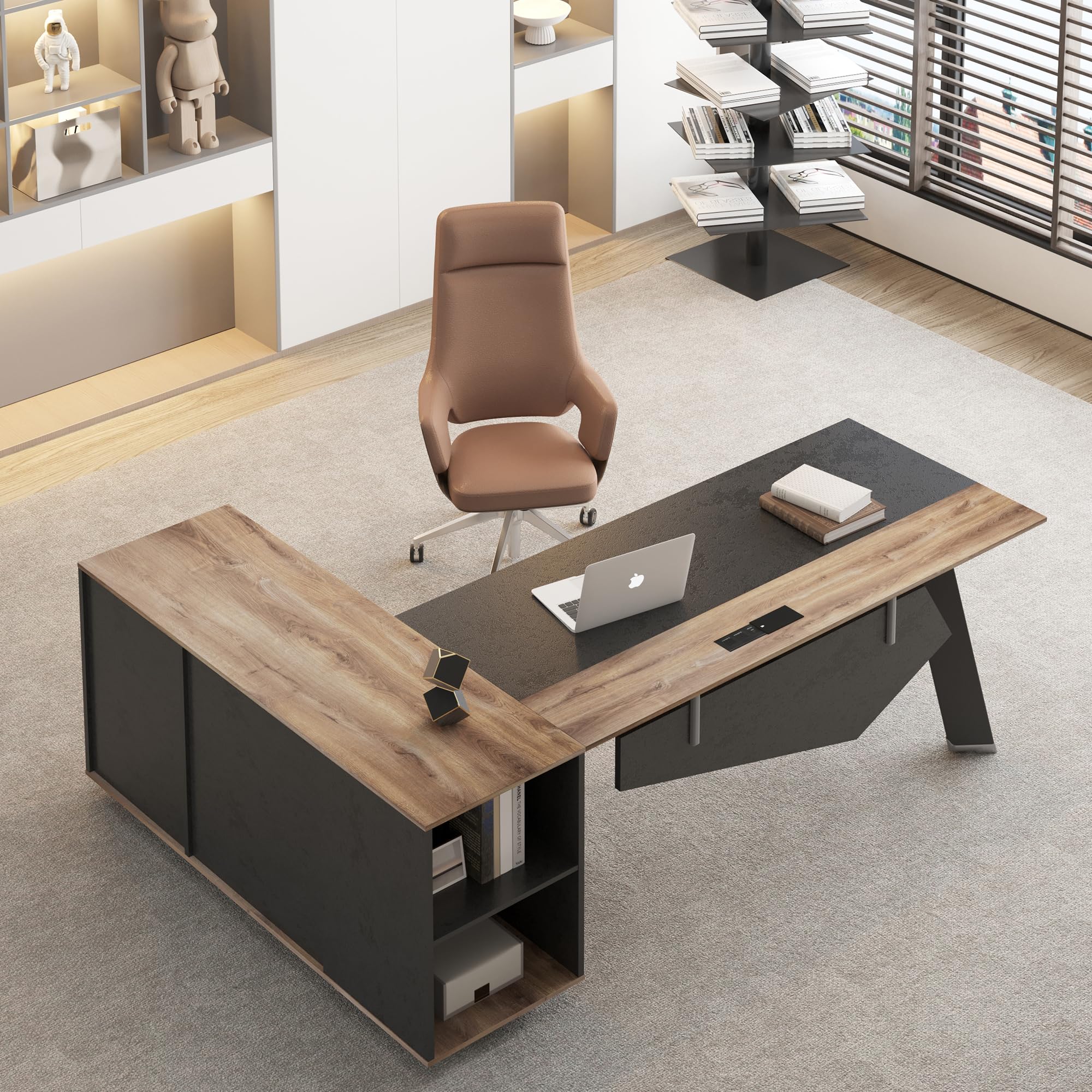 63-Inch L-Shaped Executive Desk with File Cabinet and Storage
