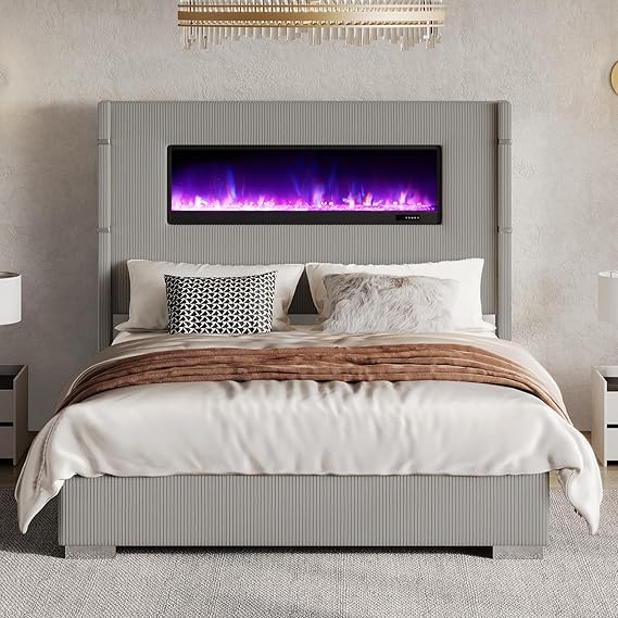 Queen Upholstered Platform Bed Frame with Fireplace and Tall Wingback Headboard