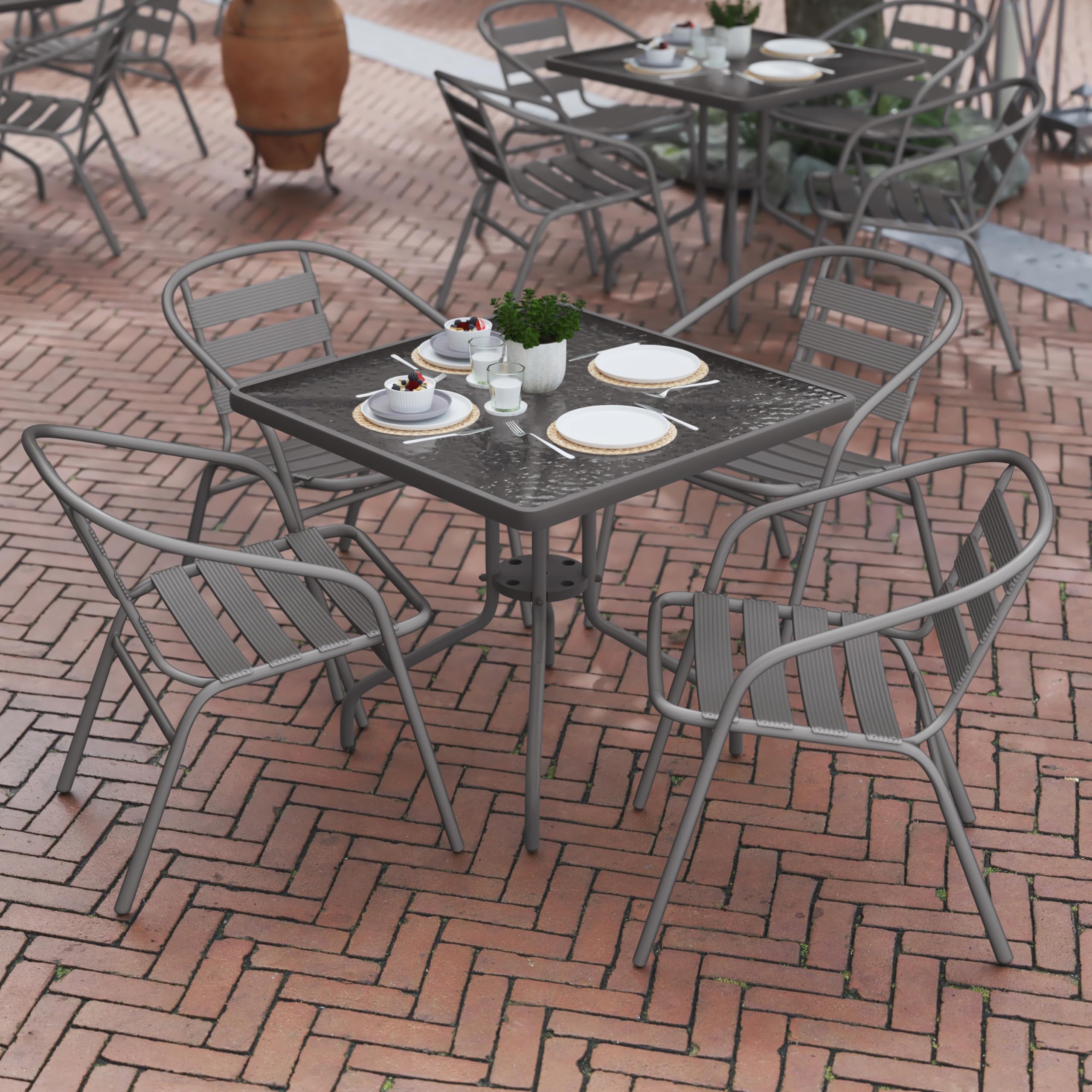 Flash Furniture TLH-0732SQ-017CSV4-GG Lila 31.5'' Square Glass Table with 4 Metal Aluminum Slat Stack Chairs, Silver