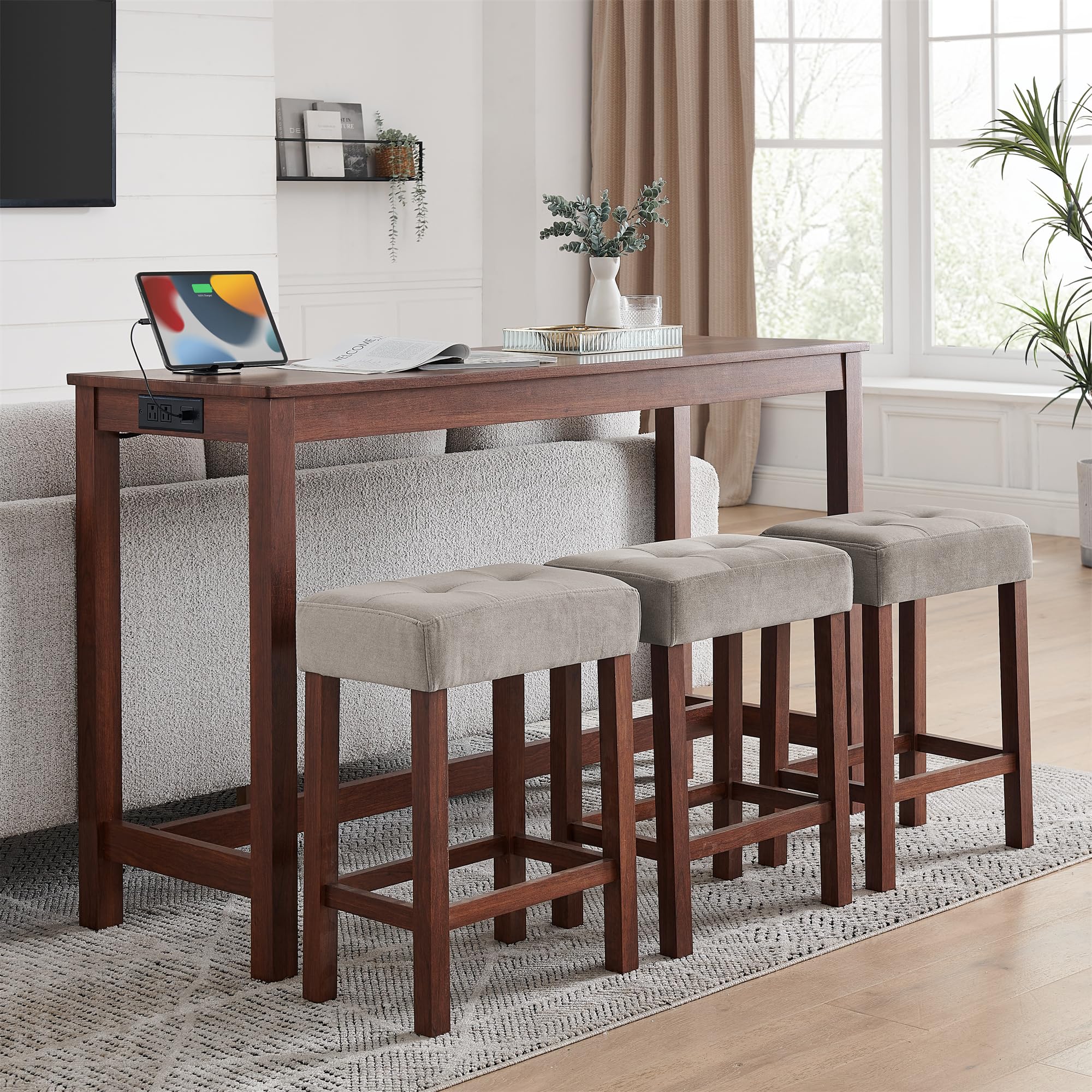 Counter Height Bar Table Set with Power Outlet