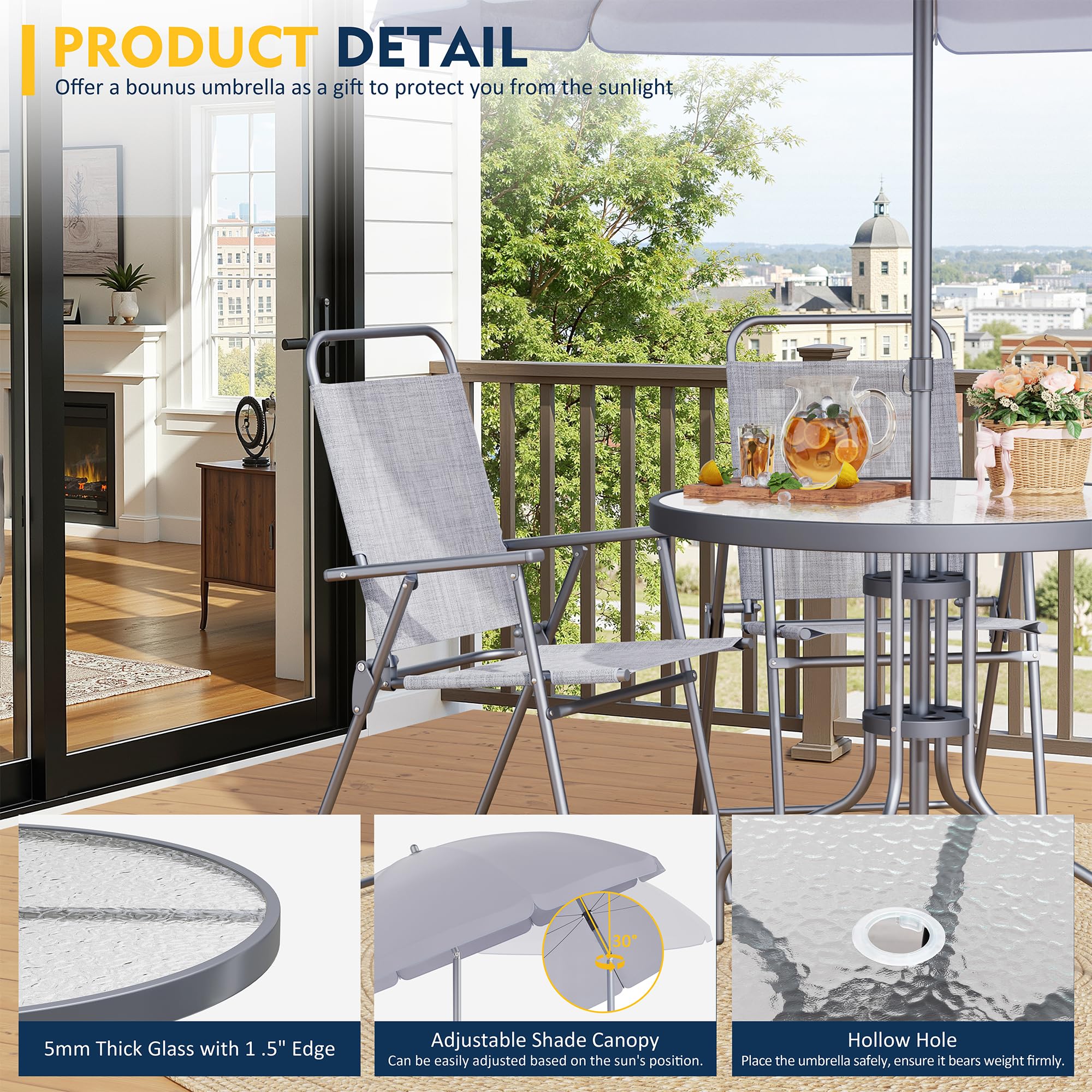 Shintenchi 6 Piece Patio Dining Set with Umbrella, Outdoor Furniture Set with 4 Folding Chairs and Tempered Glass Top Dining Table fot Lawn Backyard Garden Porch, Silver