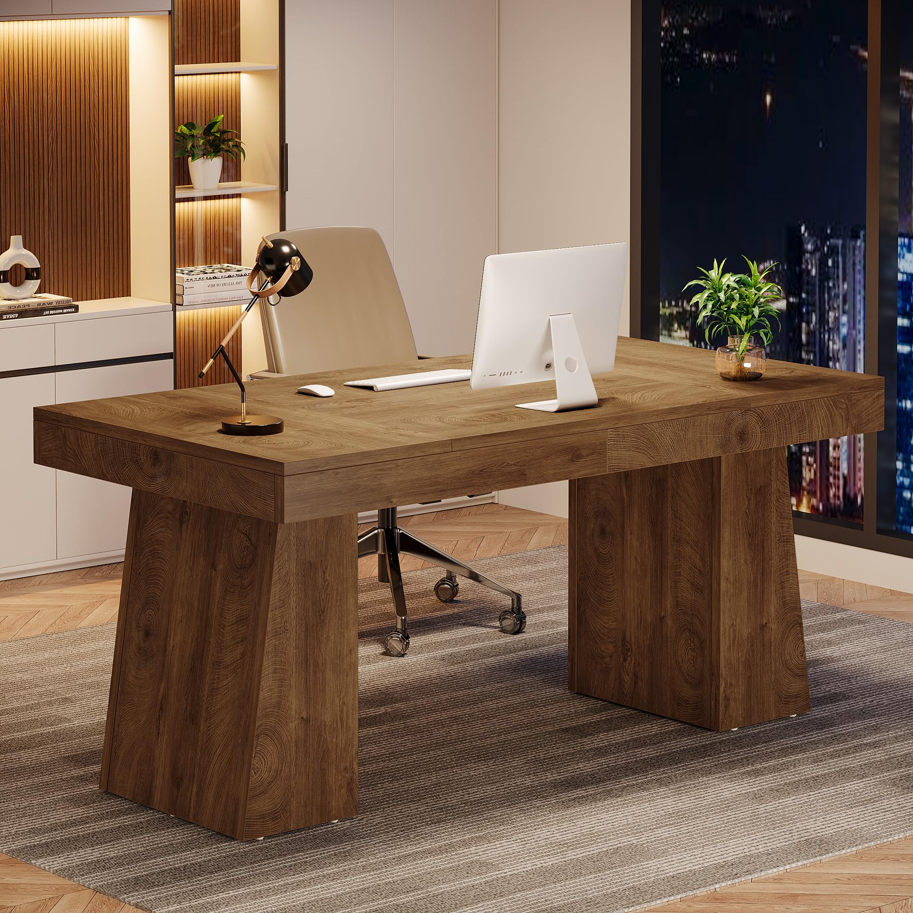 55-Inch Executive Desk Mid-Century Modern Wood Computer Table