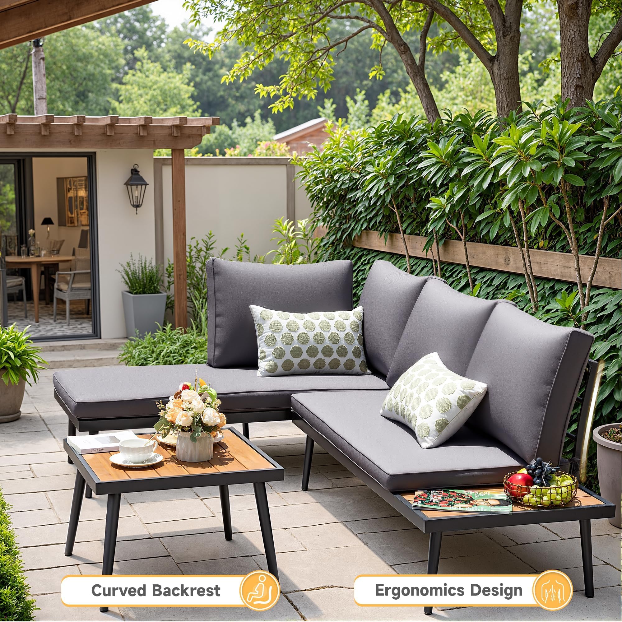 Outdoor Sectional Sofa with Acacia Wood Table