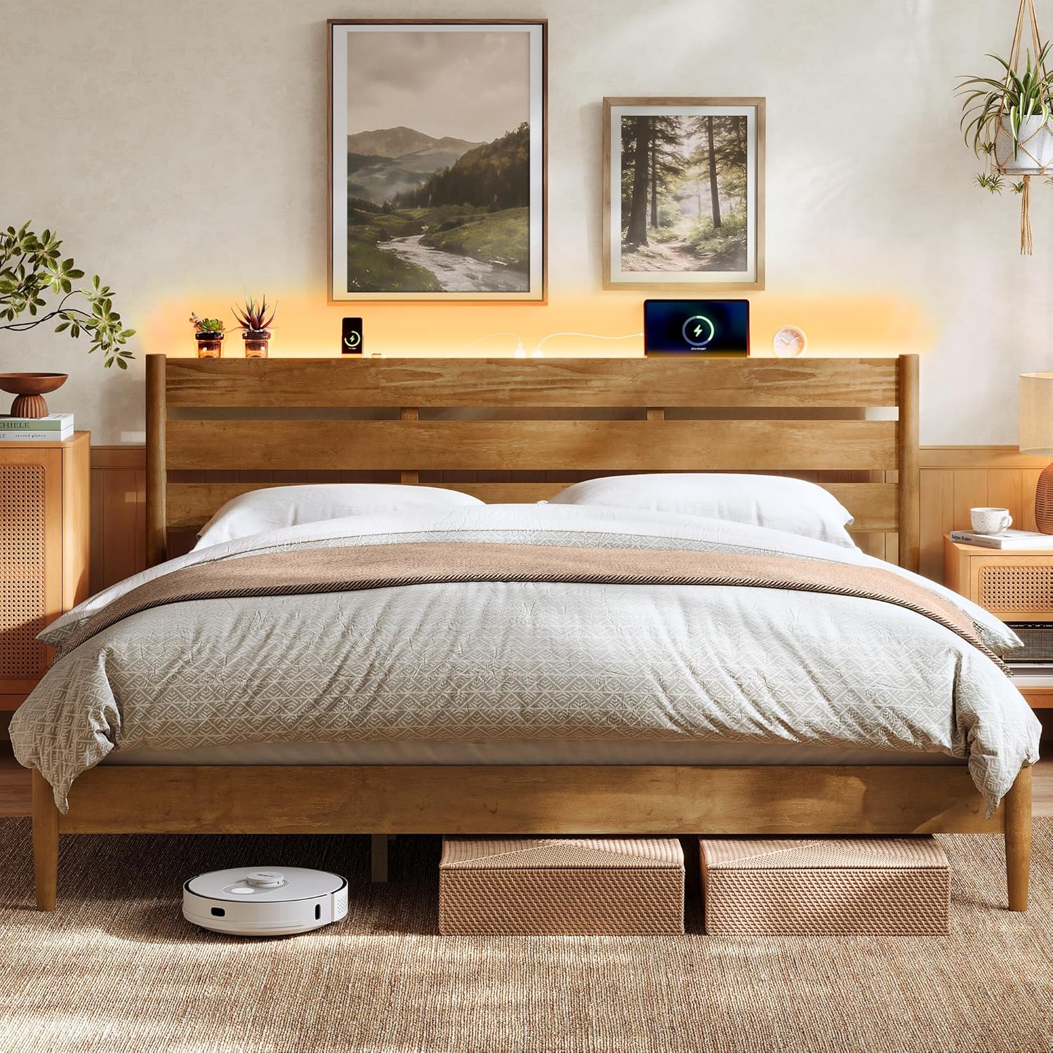 Full Bed Frame with Headboard, LED Lights & Charging Station