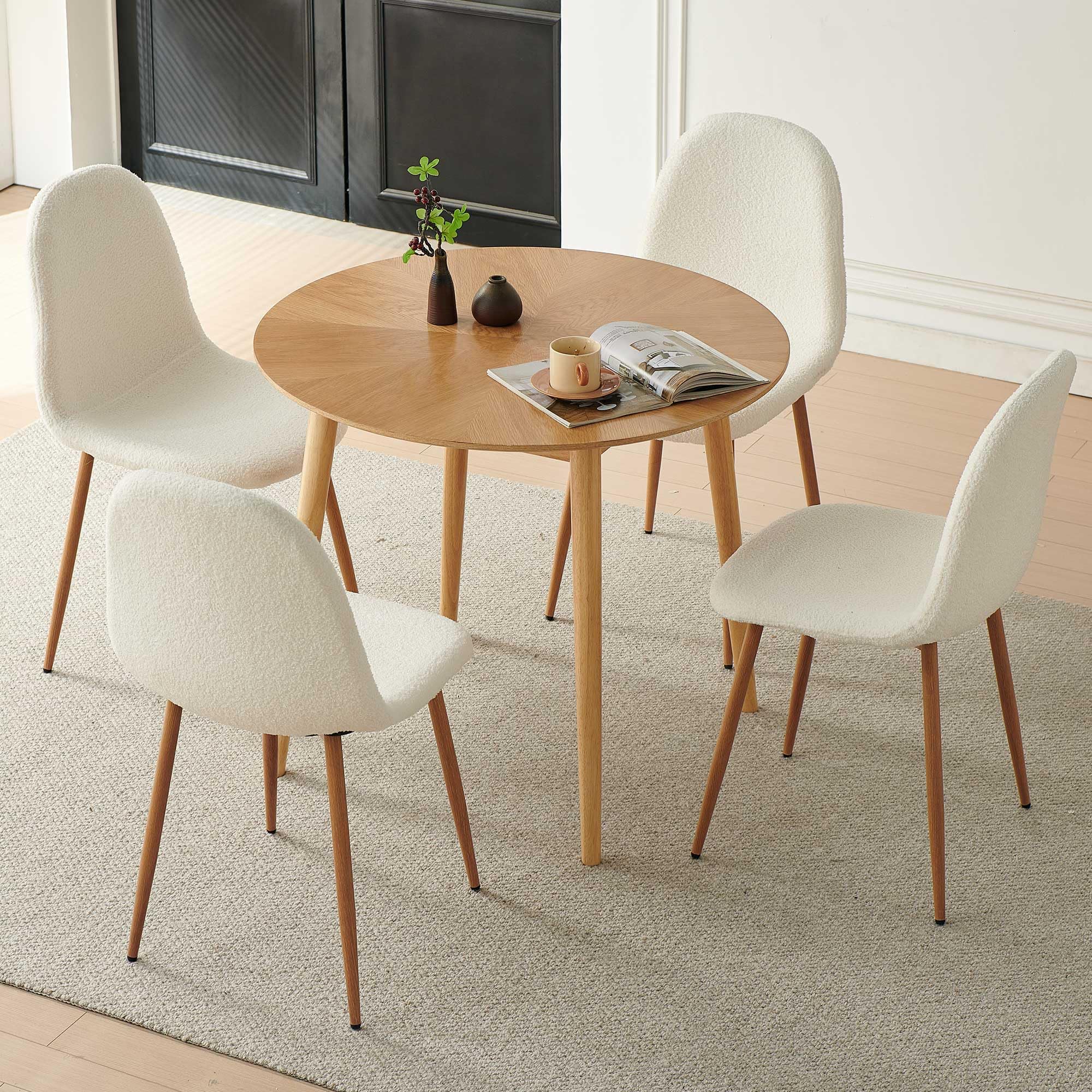 Dining Chairs Set of 4 - White Teddy Fleece with Metal Legs