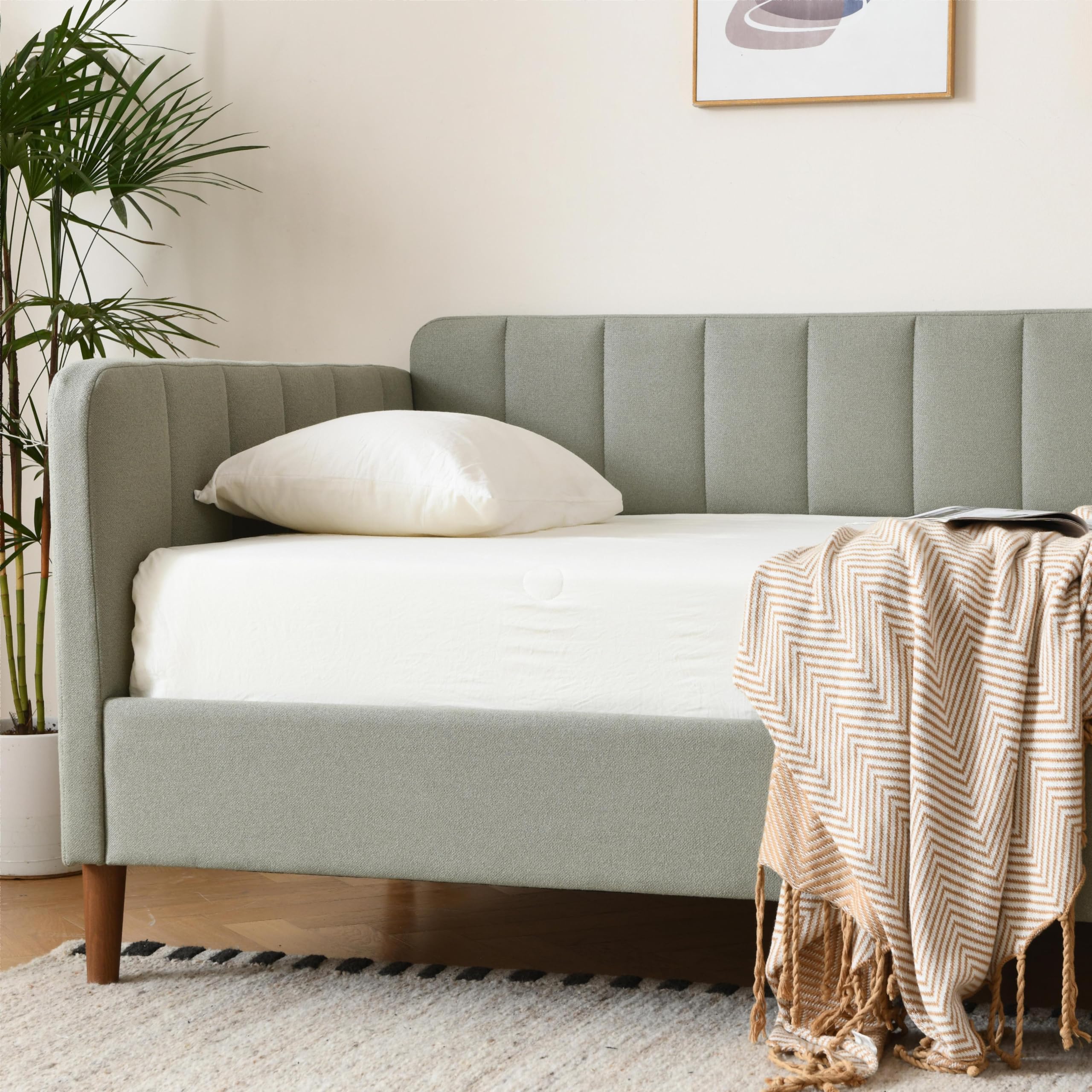 Twin Size Upholstered Daybed with Wood Slat Support - Light Green