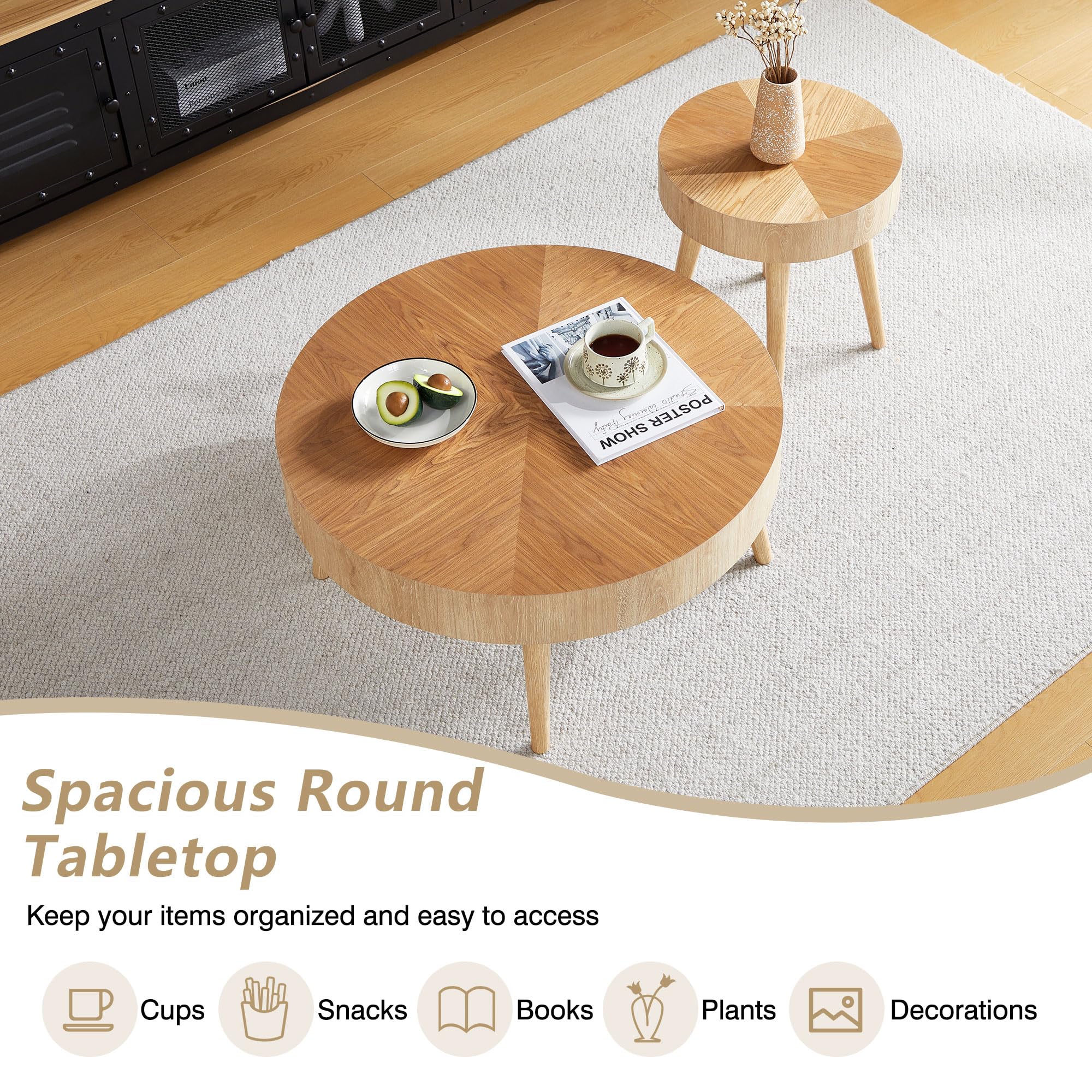 2-Piece Round Wood Coffee Table Set
