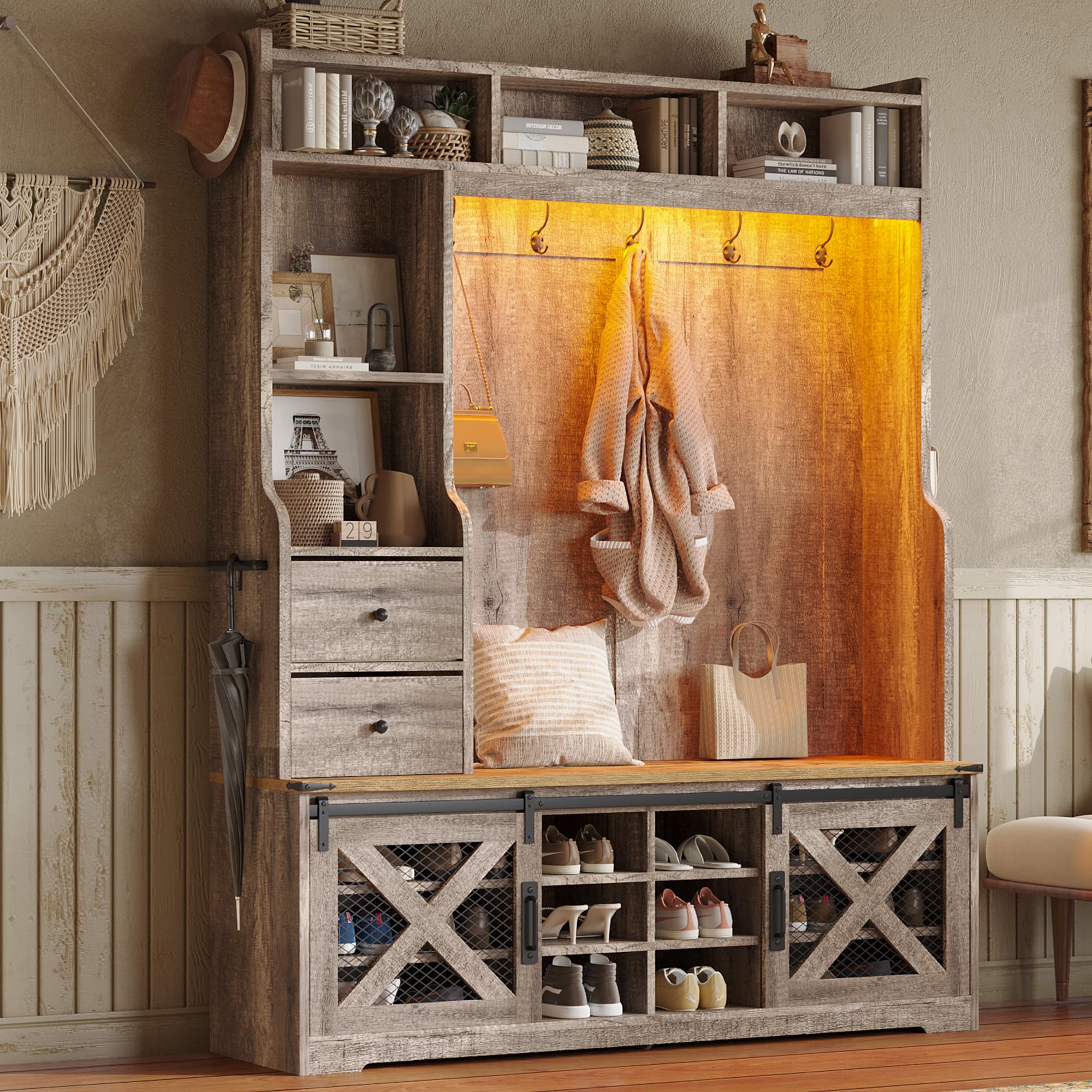 Farmhouse Hall Tree with Bench and Shoe Cabinet