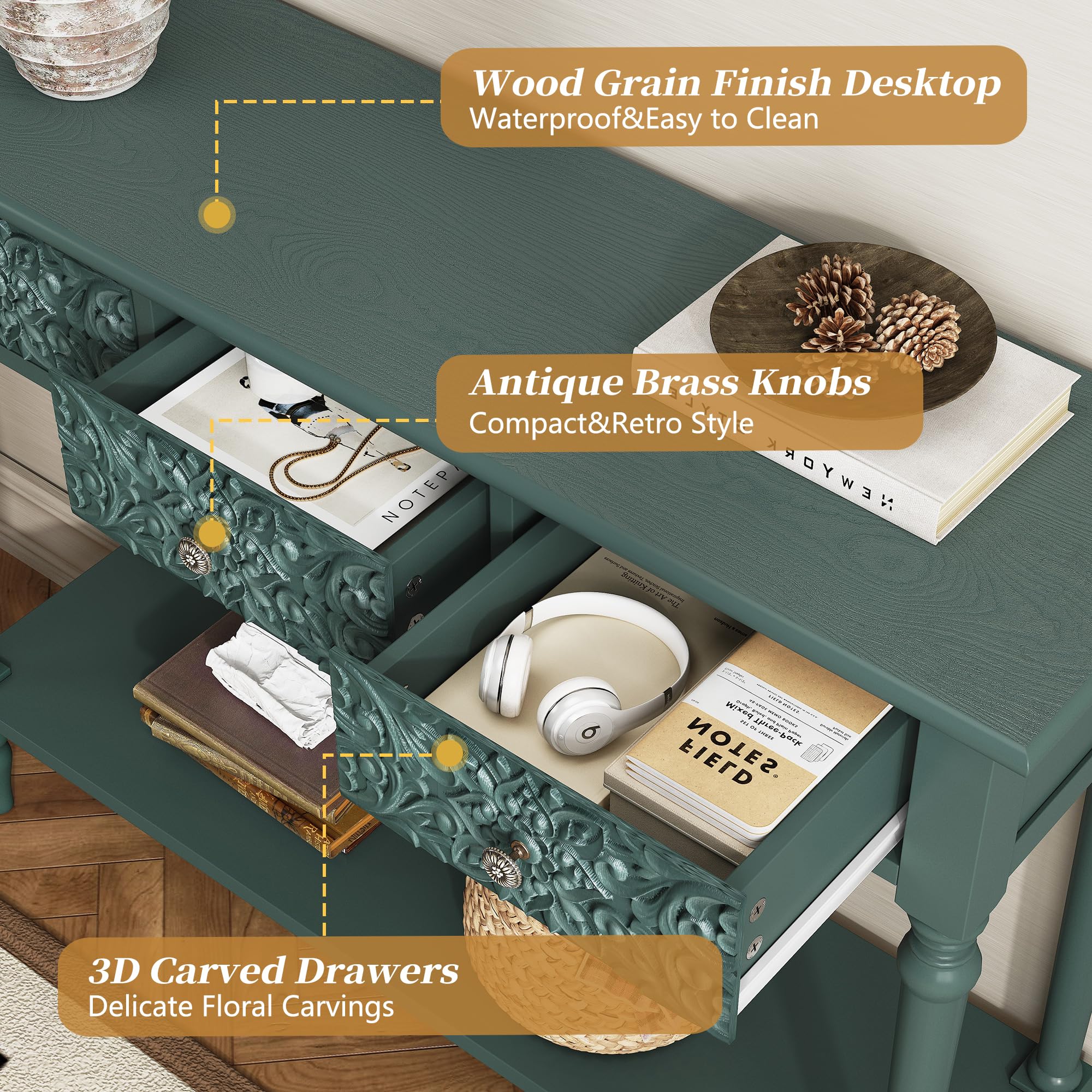 Entryway Console Table with 3 Drawers and Open Shelf
