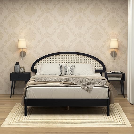 Wooden Bed Frame with Headboard and Natural Rattan King