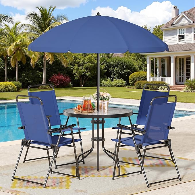 6 Piece Patio Dining Set with Umbrella and Folding Chairs