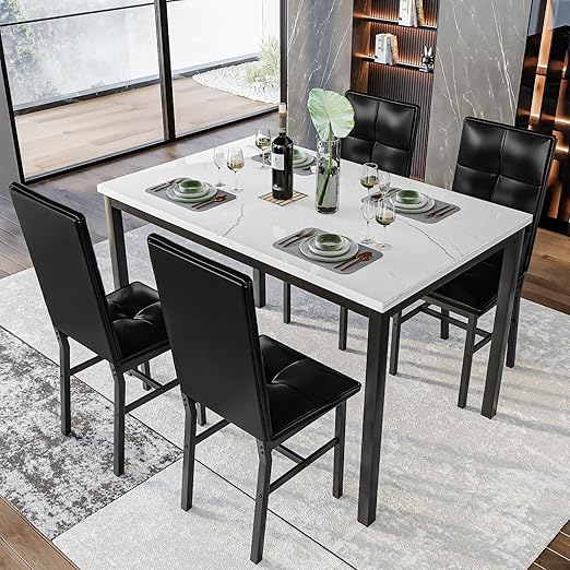 5-Piece Faux Marble Dining Table Set with 4 Chairs